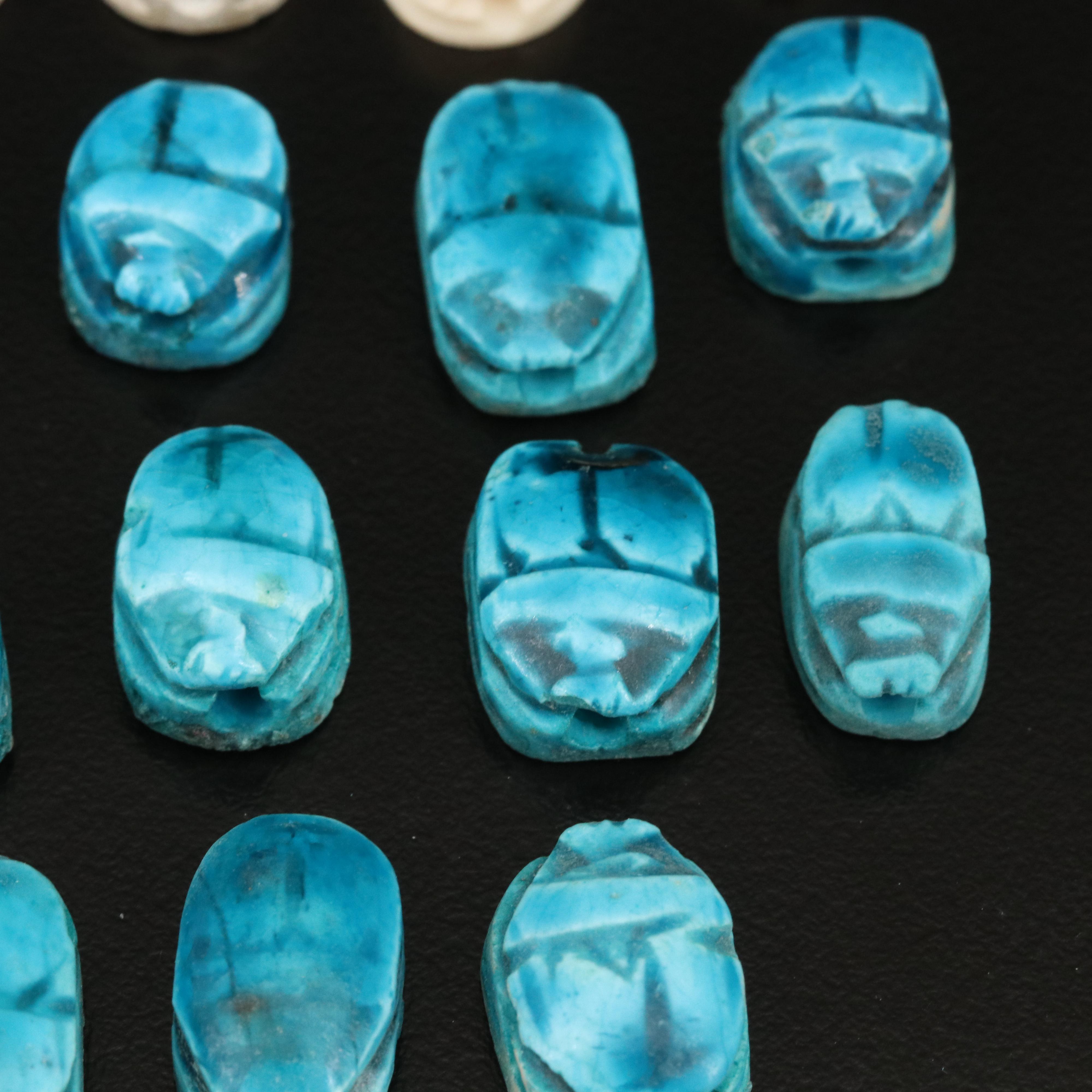 Loose Carved Bone, Faience and Lava Scarab Beads
