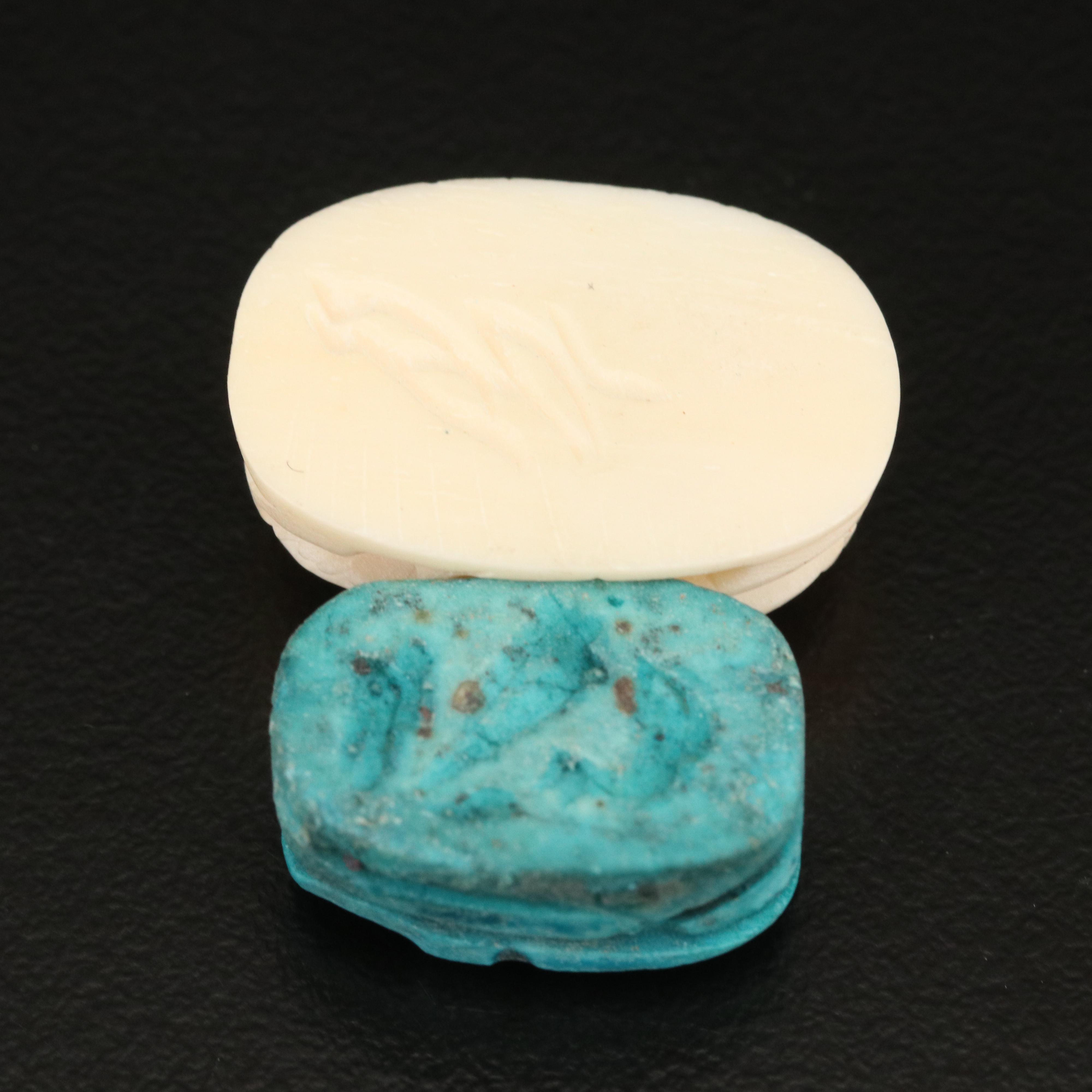 Loose Carved Bone, Faience and Lava Scarab Beads