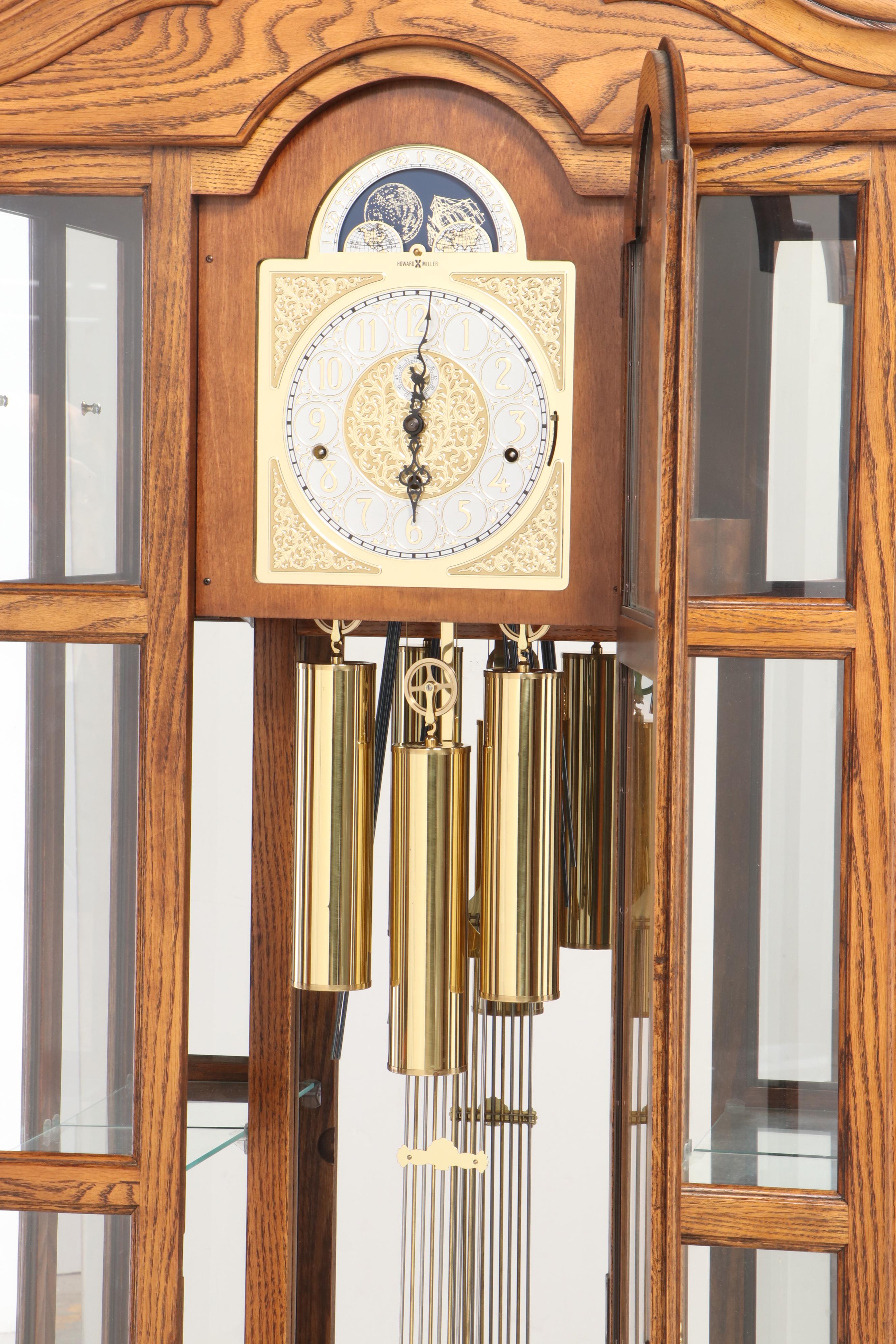 Howard Miller Oak Curio Grandfather Clock with Sidelights