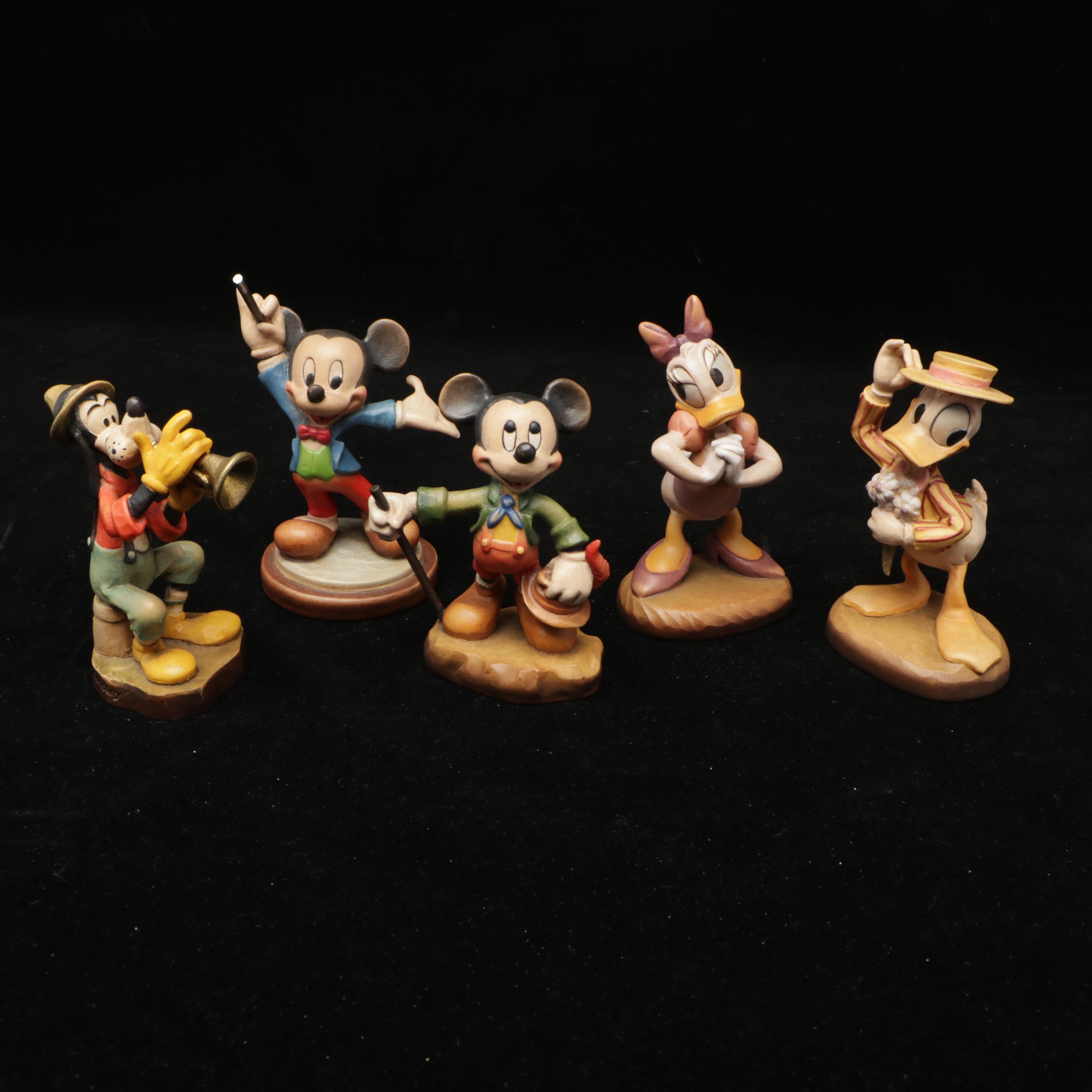 Anri Disney Hand-Carved Wooden Donald and Daisy Duck, Goofy and Mickey Figures