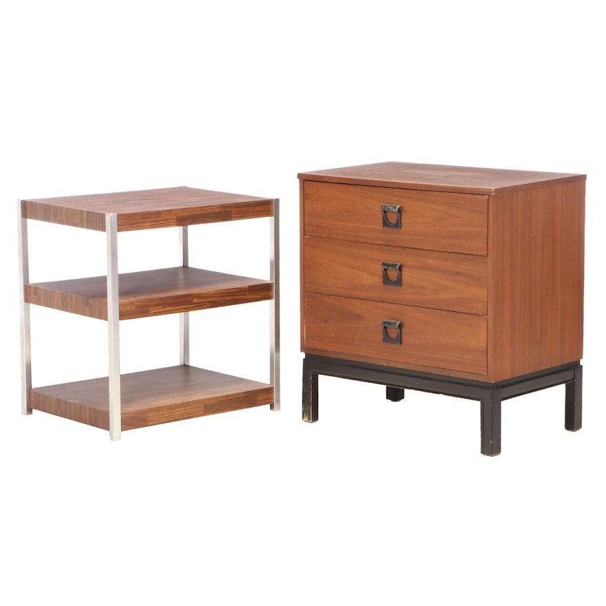 Grained Laminate Chest and Tiered Laminate and Chrome Table, Mid-20th Century