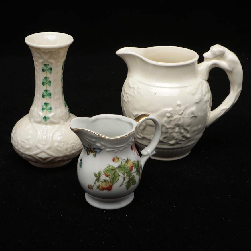 Wedgwood Creamer, Belleek "Shamrock" Porcelain Vase, and Porcelain Creamer