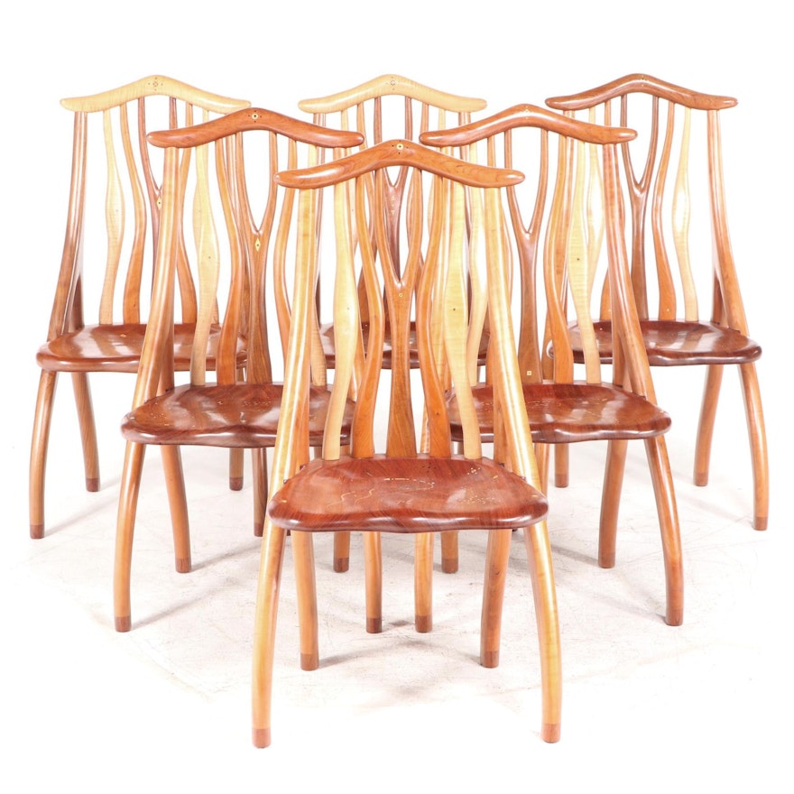 Six Steven Spiro Specimen Wood, MOP, & Fossil-Inlaid Mixed Hardwood Side Chairs