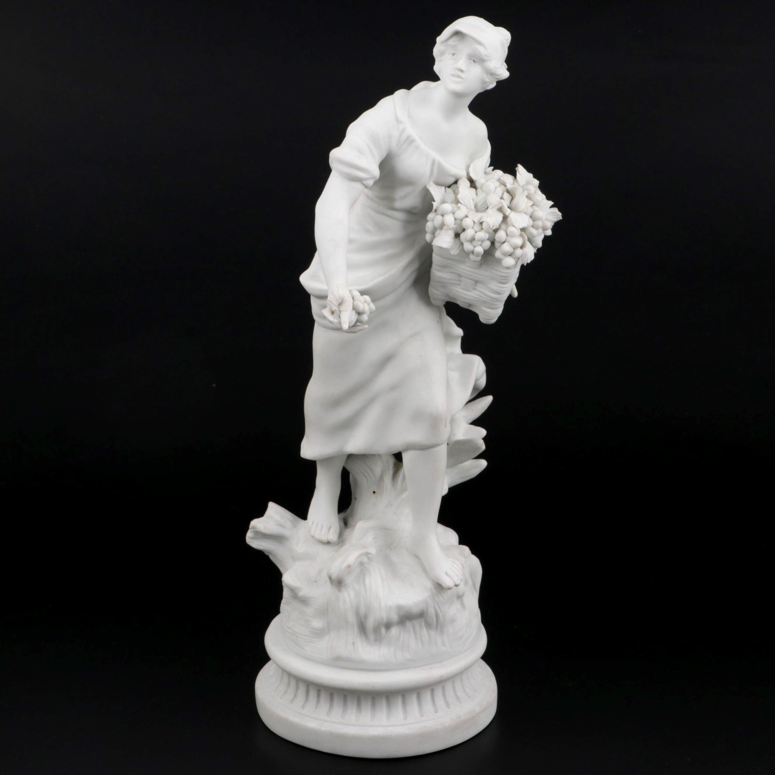 Edmé Samson Bisque Porcelain Grape Collector Figurine After Moreau, Antique