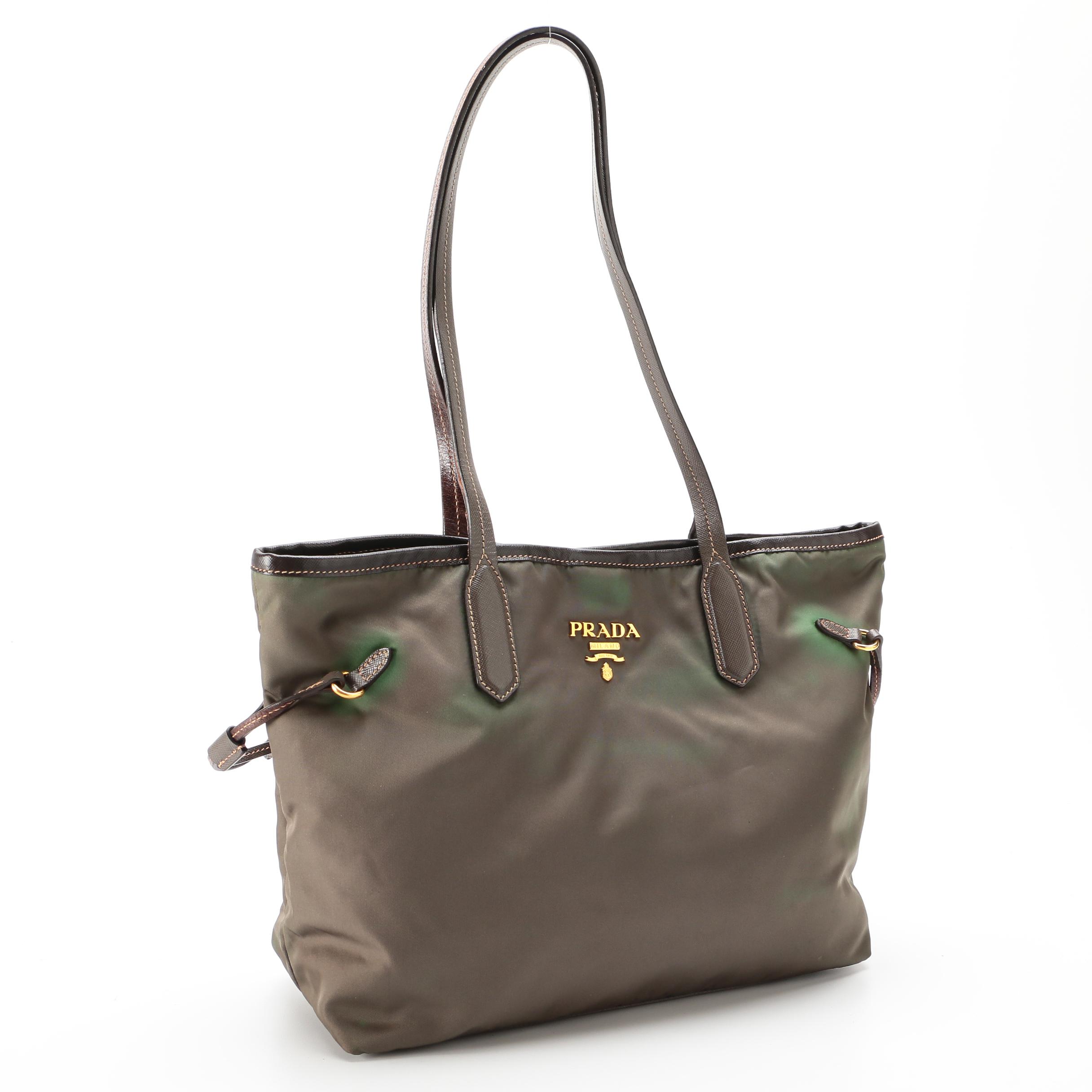 Prada Green Tessuto Nylon Tote with Brown Saffiano Leather Trim