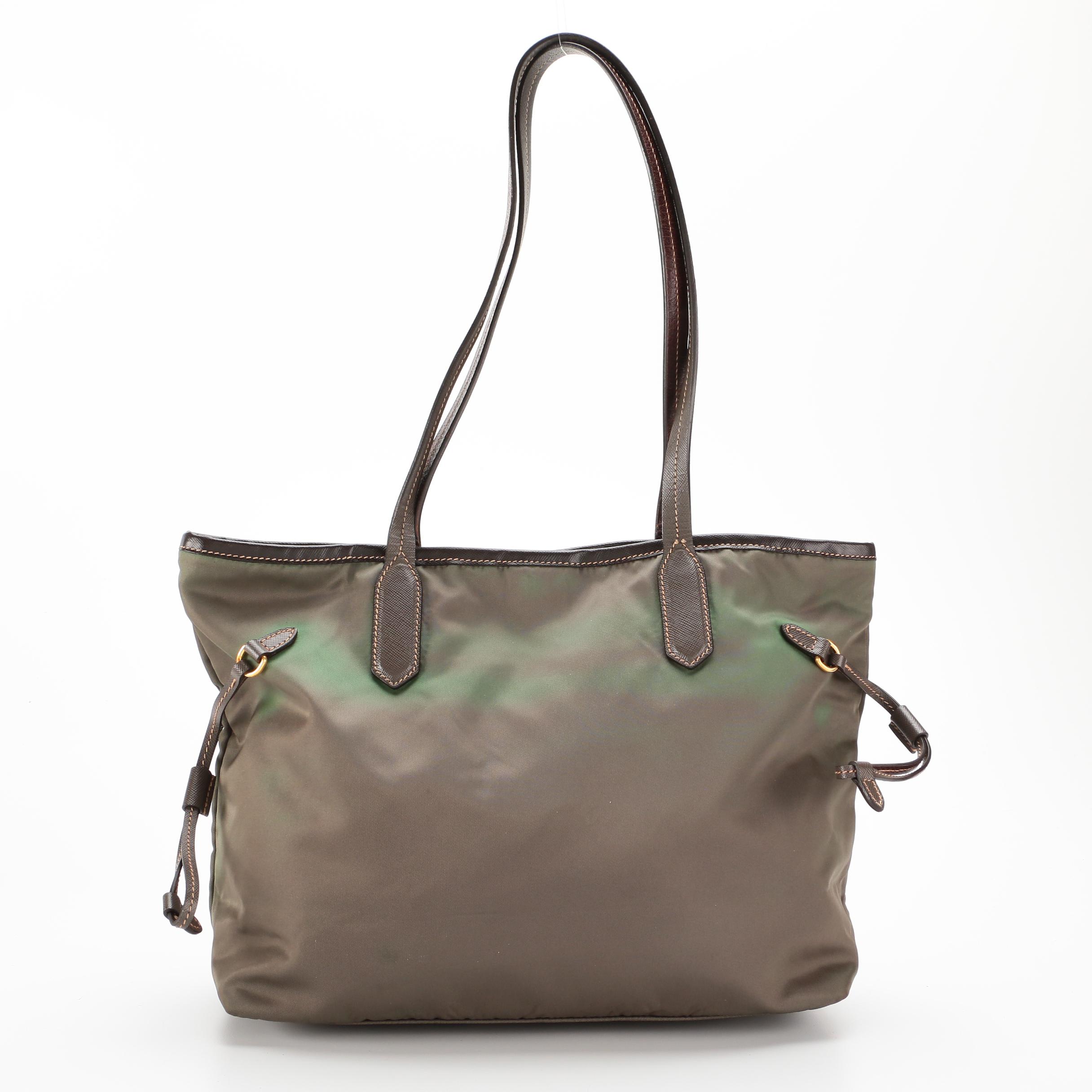 Prada Green Tessuto Nylon Tote with Brown Saffiano Leather Trim