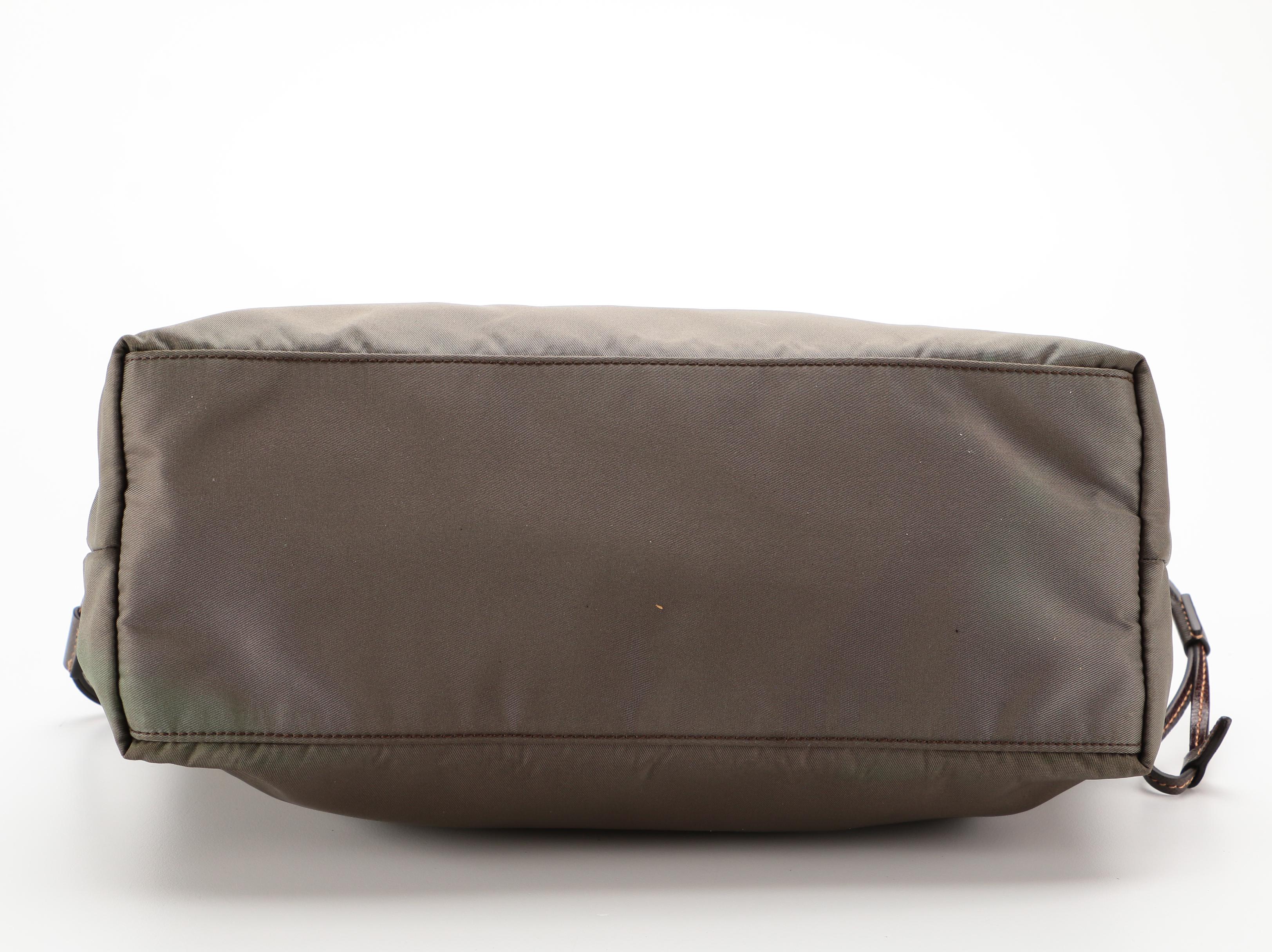 Prada Green Tessuto Nylon Tote with Brown Saffiano Leather Trim