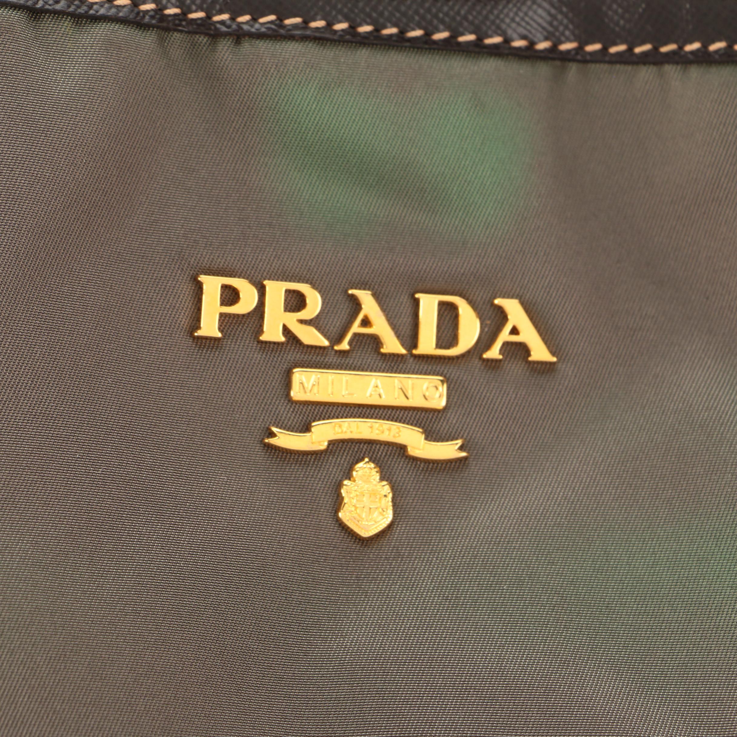 Prada Green Tessuto Nylon Tote with Brown Saffiano Leather Trim