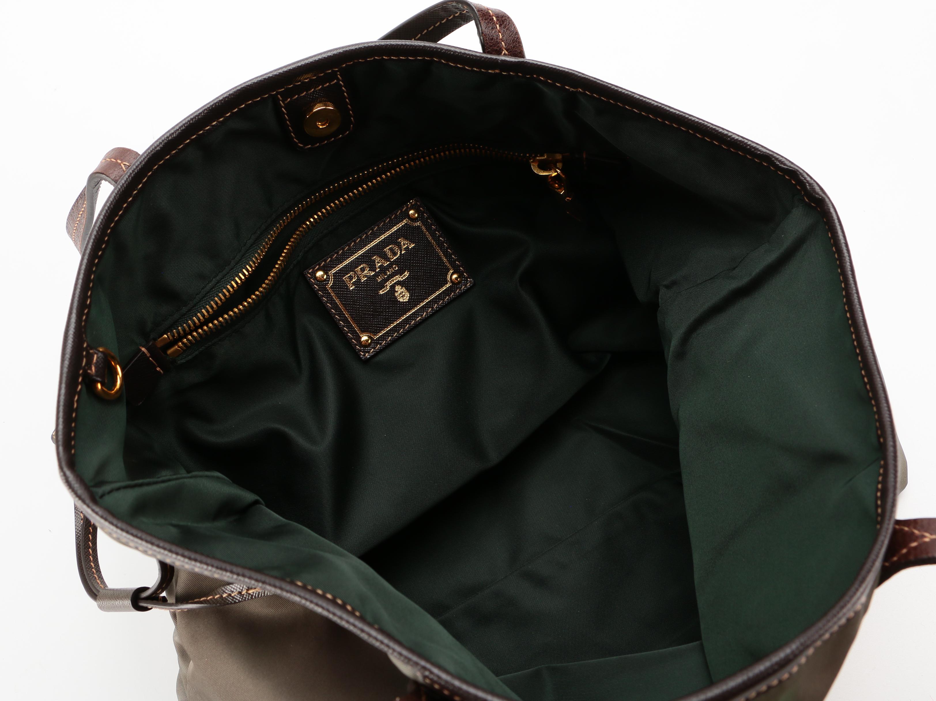 Prada Green Tessuto Nylon Tote with Brown Saffiano Leather Trim