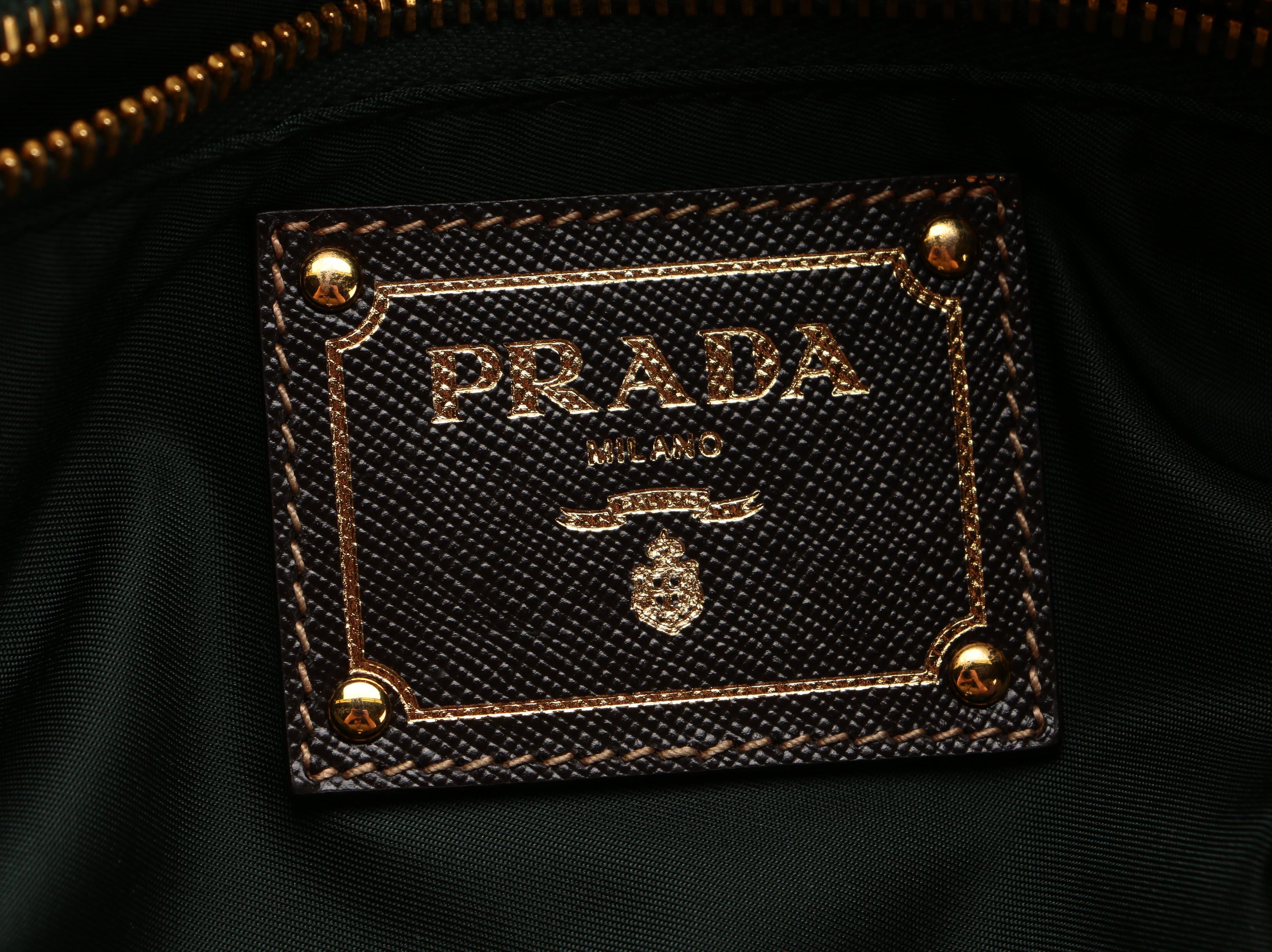 Prada Green Tessuto Nylon Tote with Brown Saffiano Leather Trim