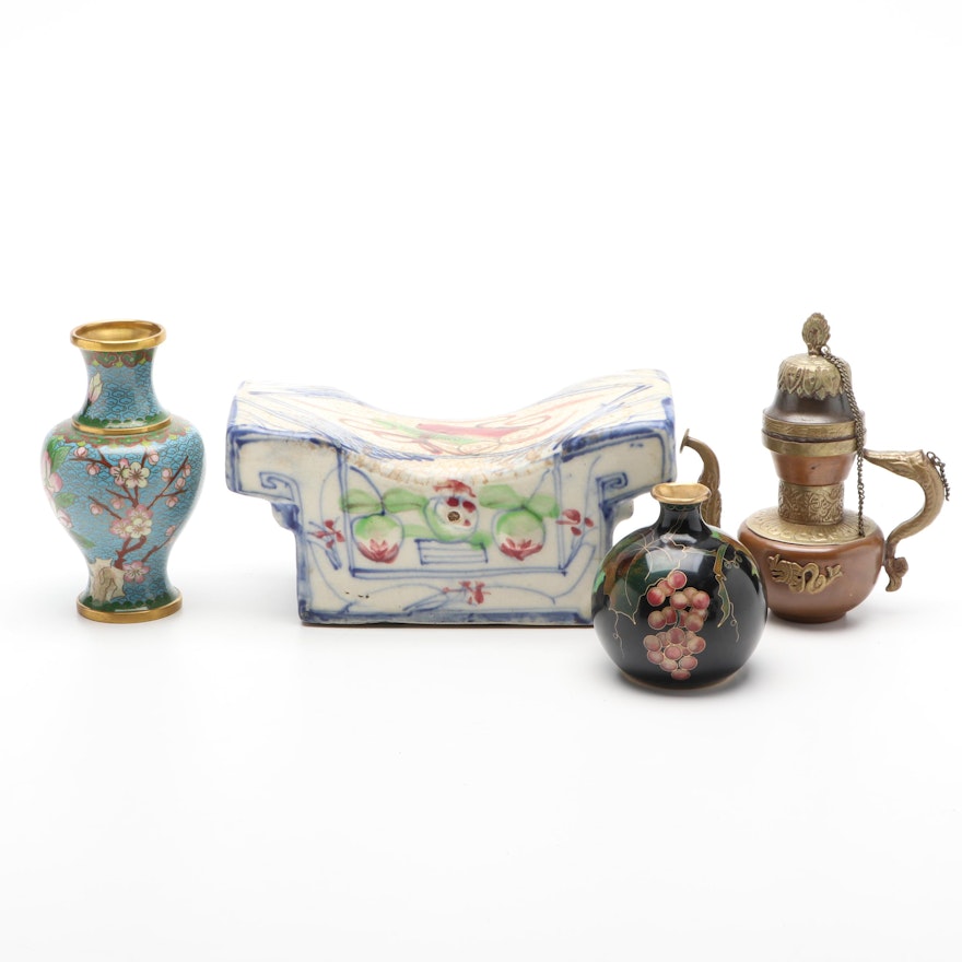 Chinese Cloissonne Vases, Sino-Tibetan Copper Ewer and Stoneware Pillow