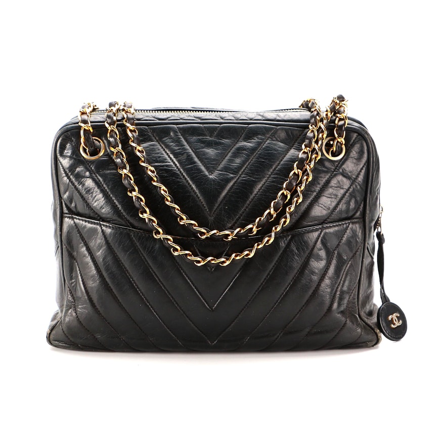 Chanel Camera Bag in Black Chevron Quilted Lambskin with Classic Chain Strap