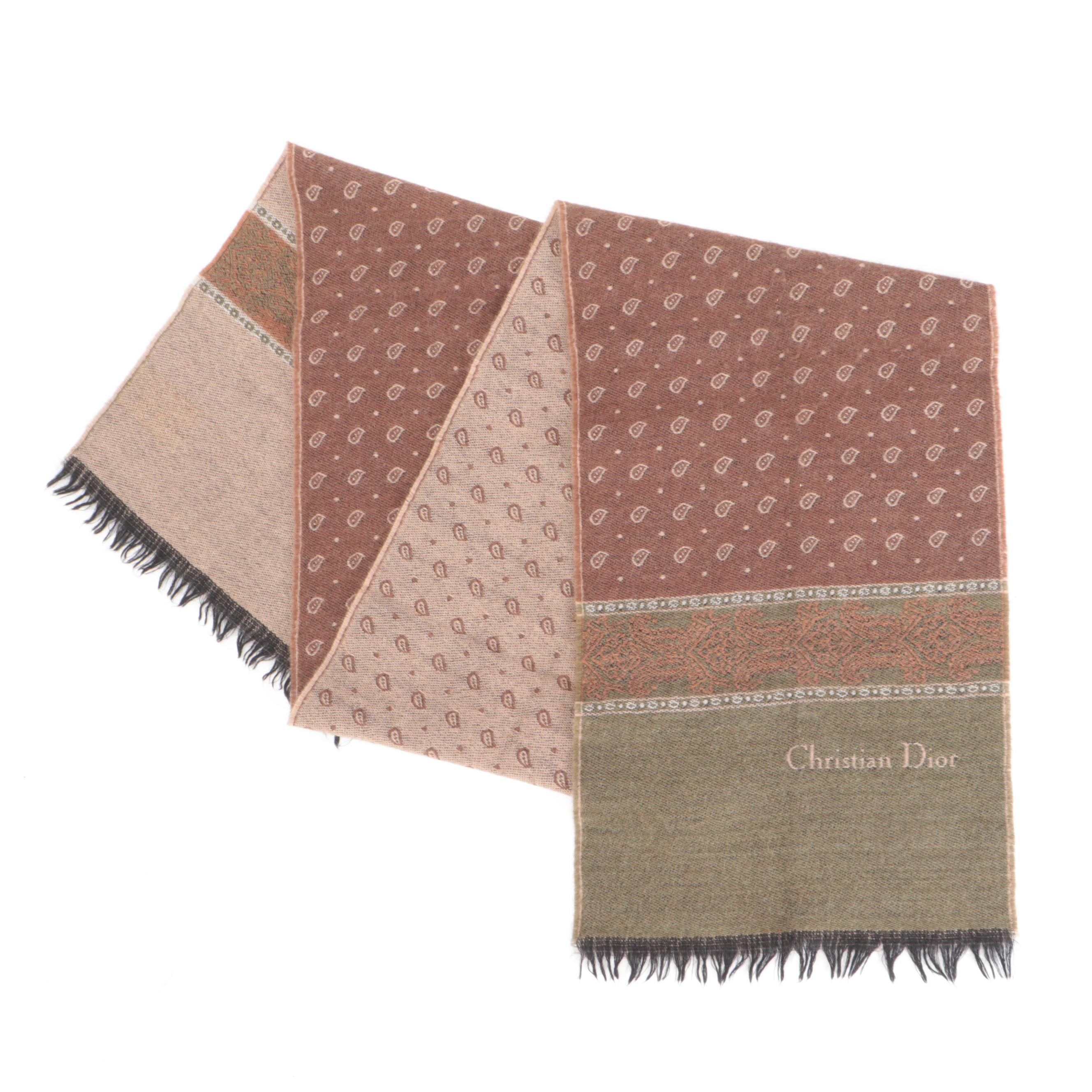 Christian Dior Paisley Wool Scarf in Earth Tones with Eyelash Fringe