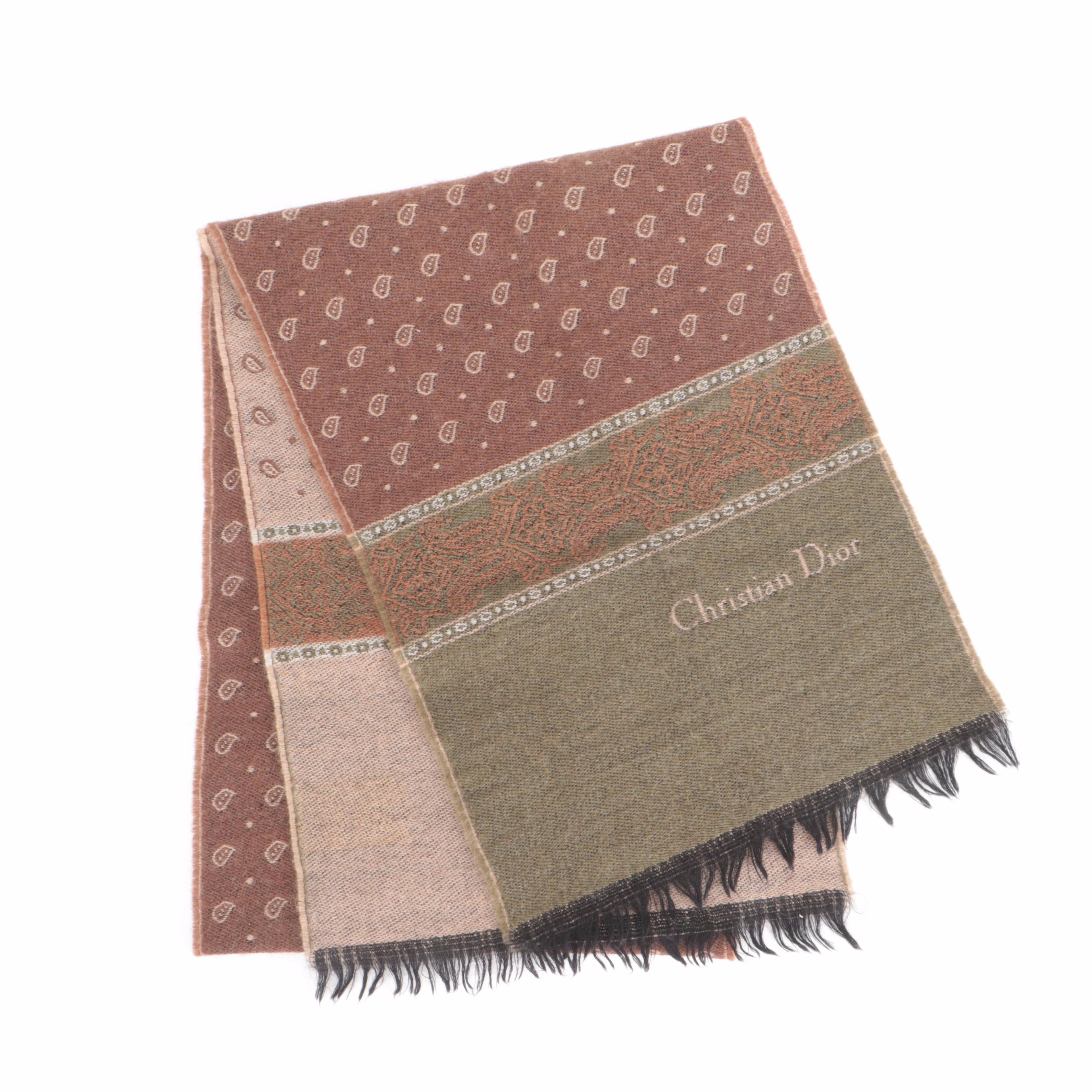 Christian Dior Paisley Wool Scarf in Earth Tones with Eyelash Fringe