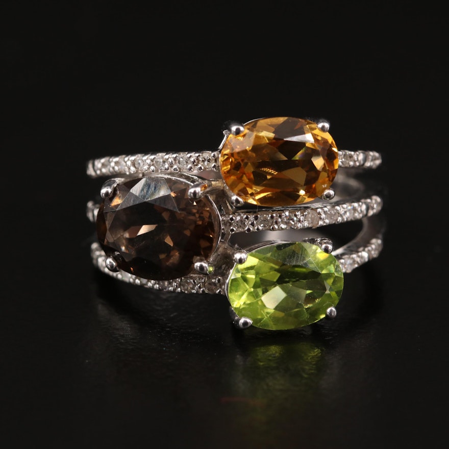 Sterling Silver Diamond and Gemstone Multi-Row Ring