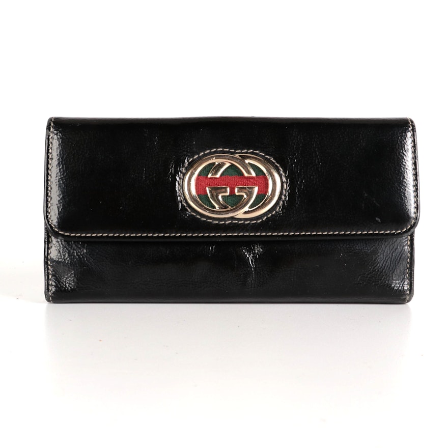 Gucci GG Web Continental Wallet in Black Patent Leather