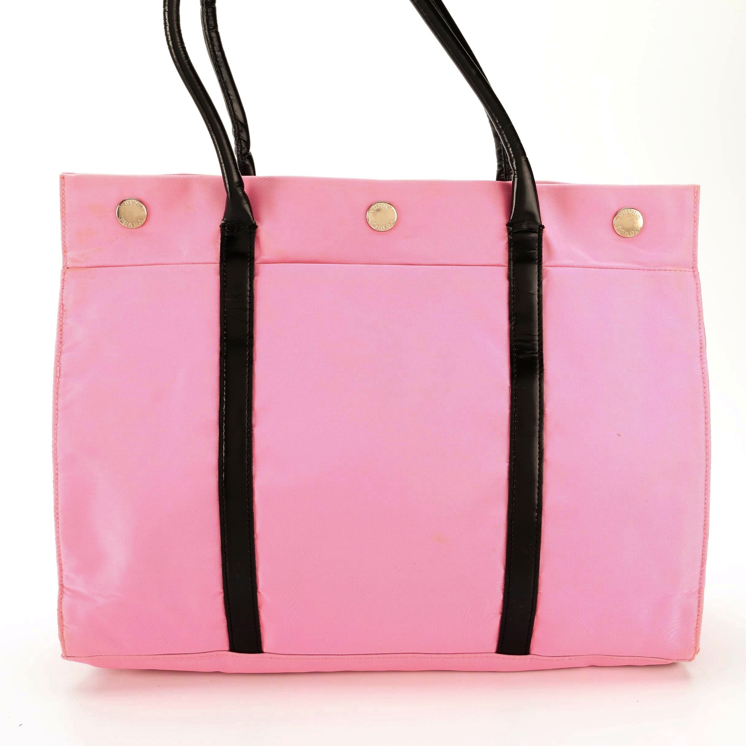 Prada Pink Nylon and Black Leather Tote Bag