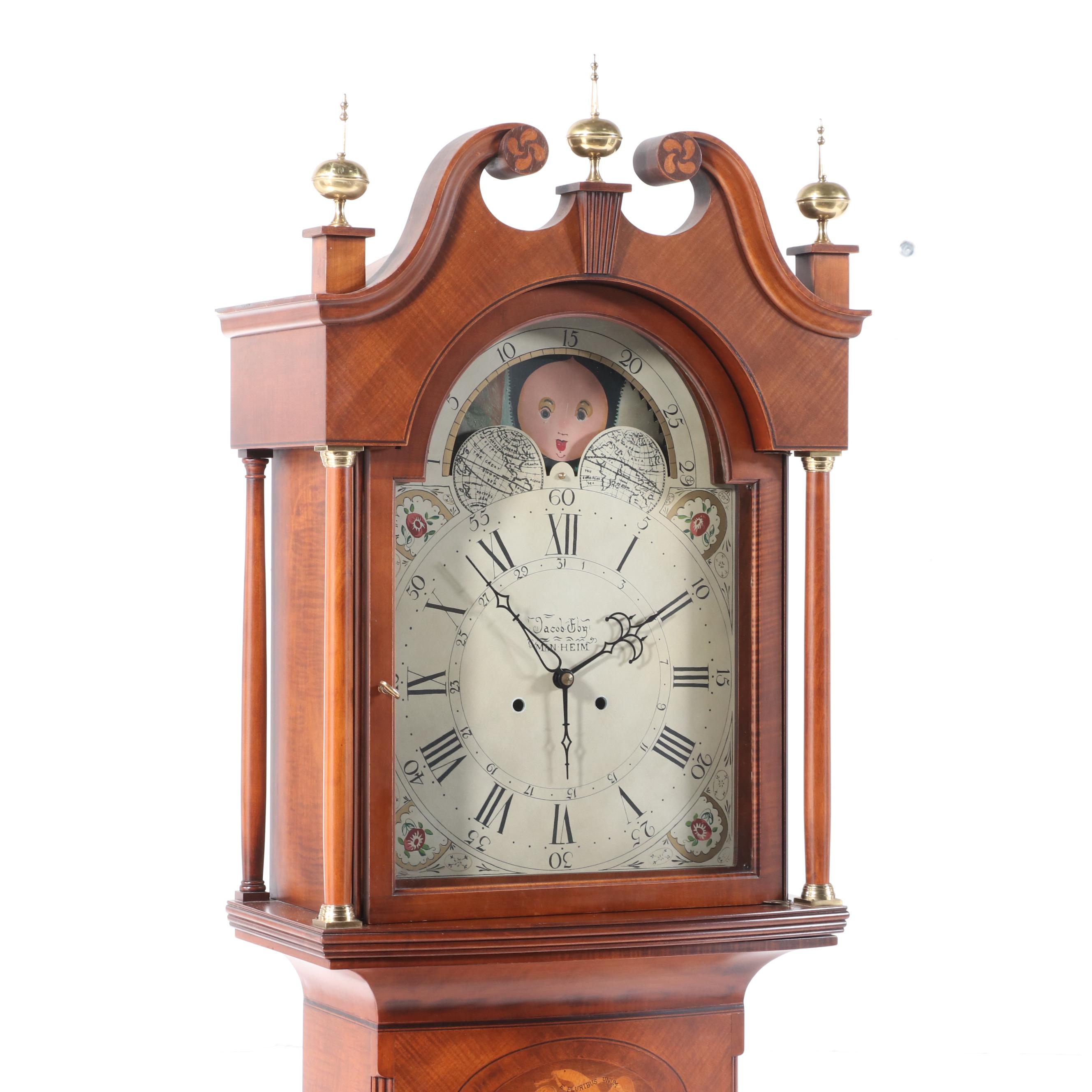 Henry Ford Museum "Jacob Eby" Federal Style Harewood & Marquetry Tall Case Clock