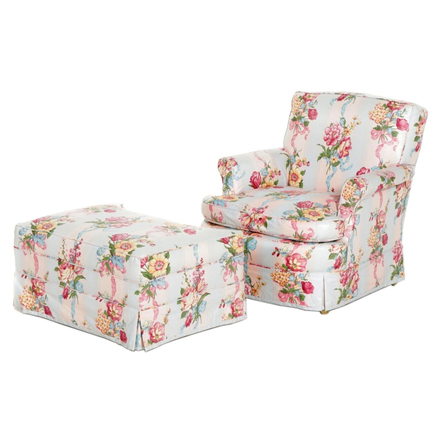Chintz Upholstered Armchair and Ottoman, Late 20th Century