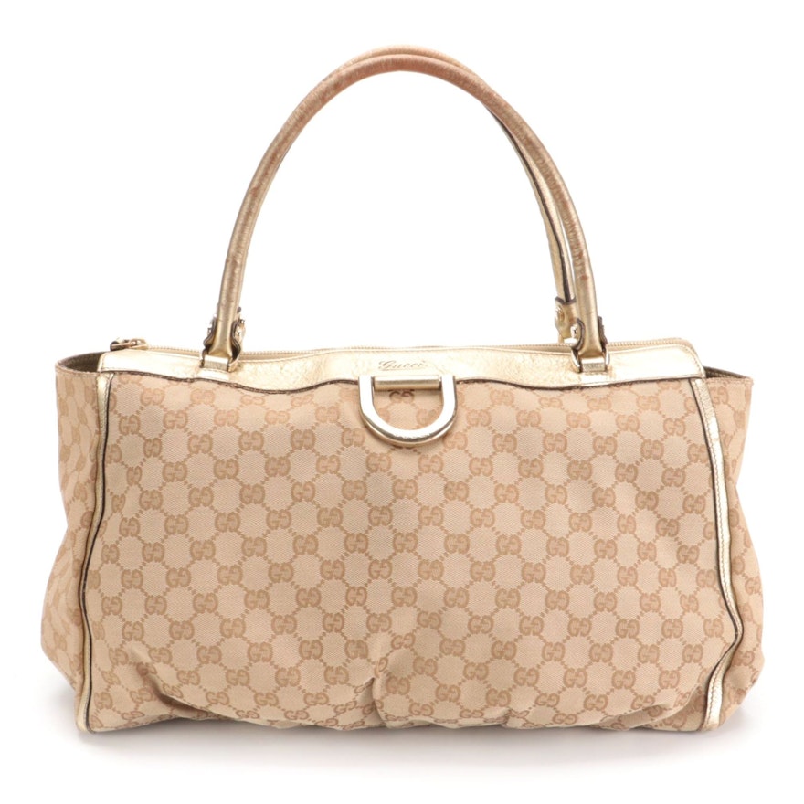 Gucci D-Ring Tote in GG Canvas with Gold Metallic Leather Trim