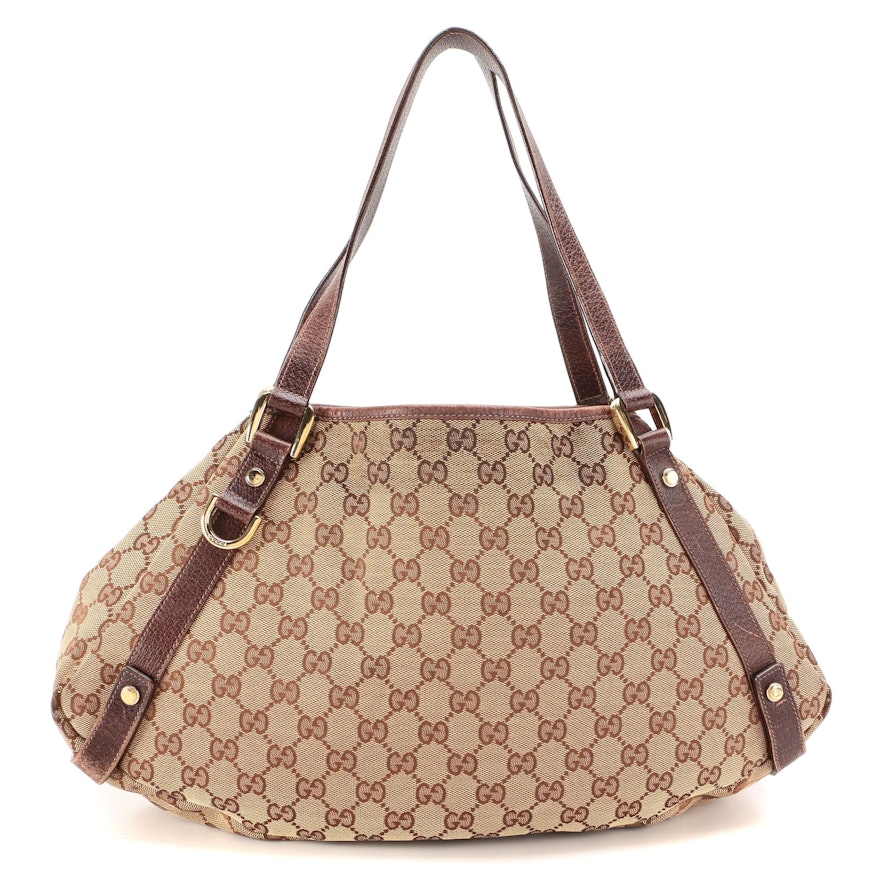 Gucci Abbey Shoulder Bag in GG Canvas and Brown Leather