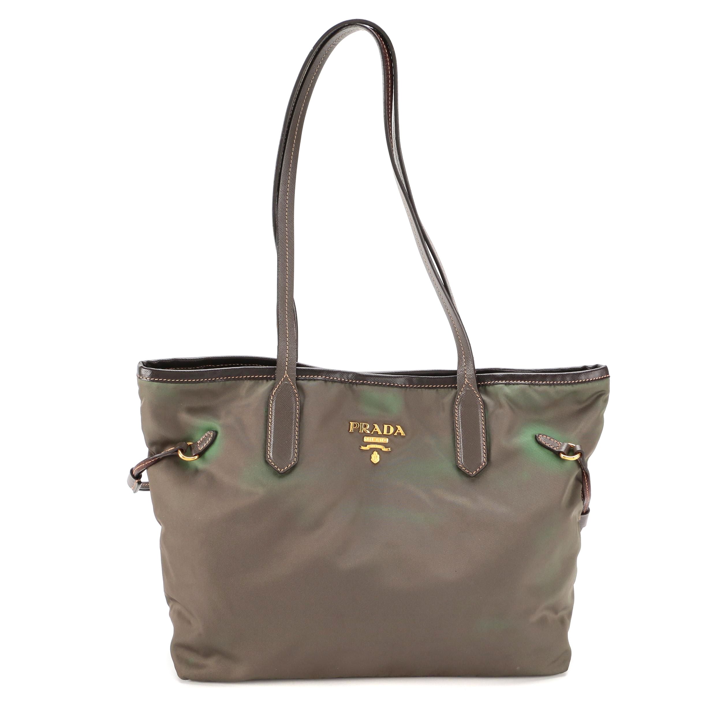 Prada Green Tessuto Nylon Tote with Brown Saffiano Leather Trim