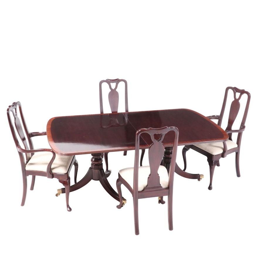 Mahogany Double-Pedestal Dining Table with Henredon Queen Anne Style Chairs