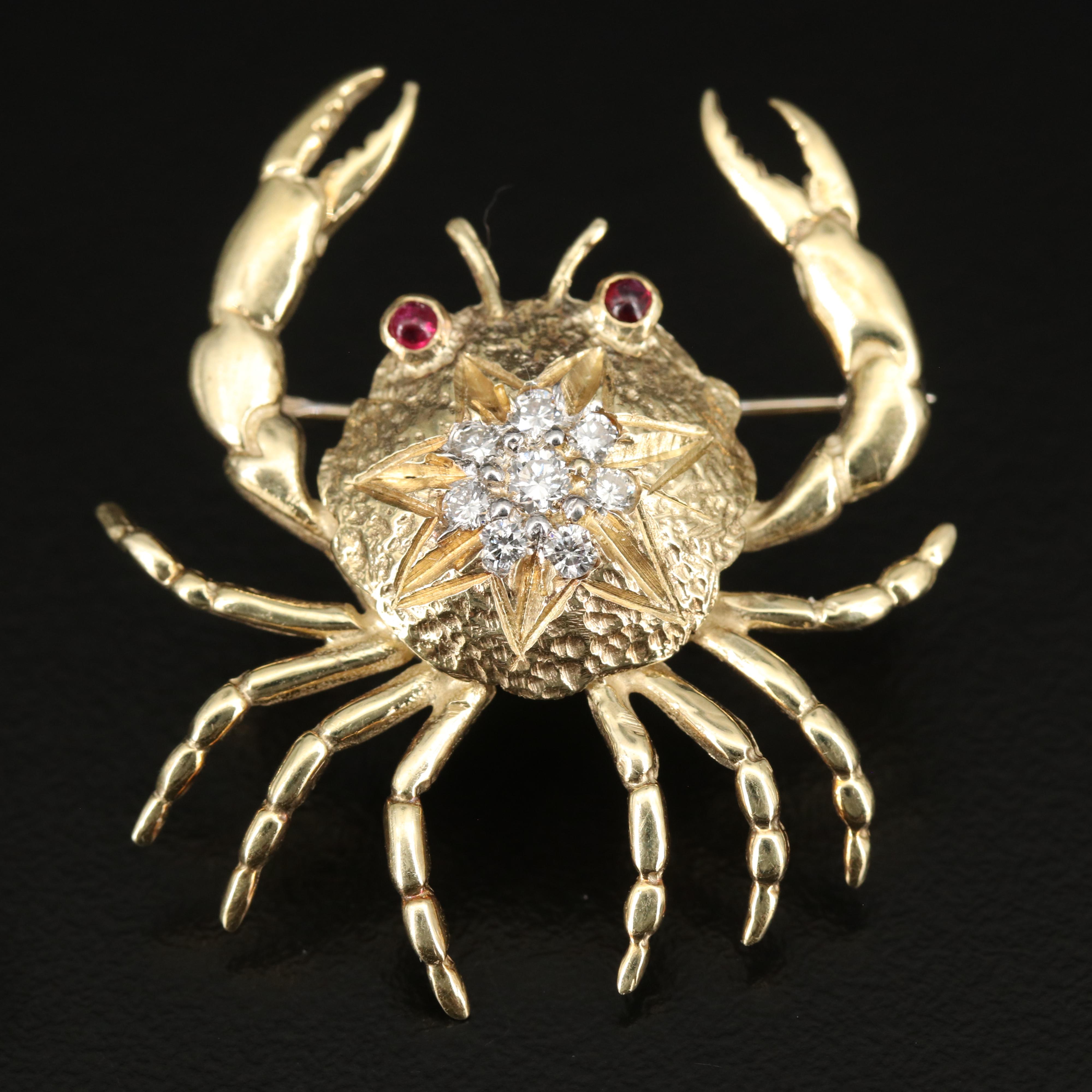 14K Diamond and Ruby Crab Brooch