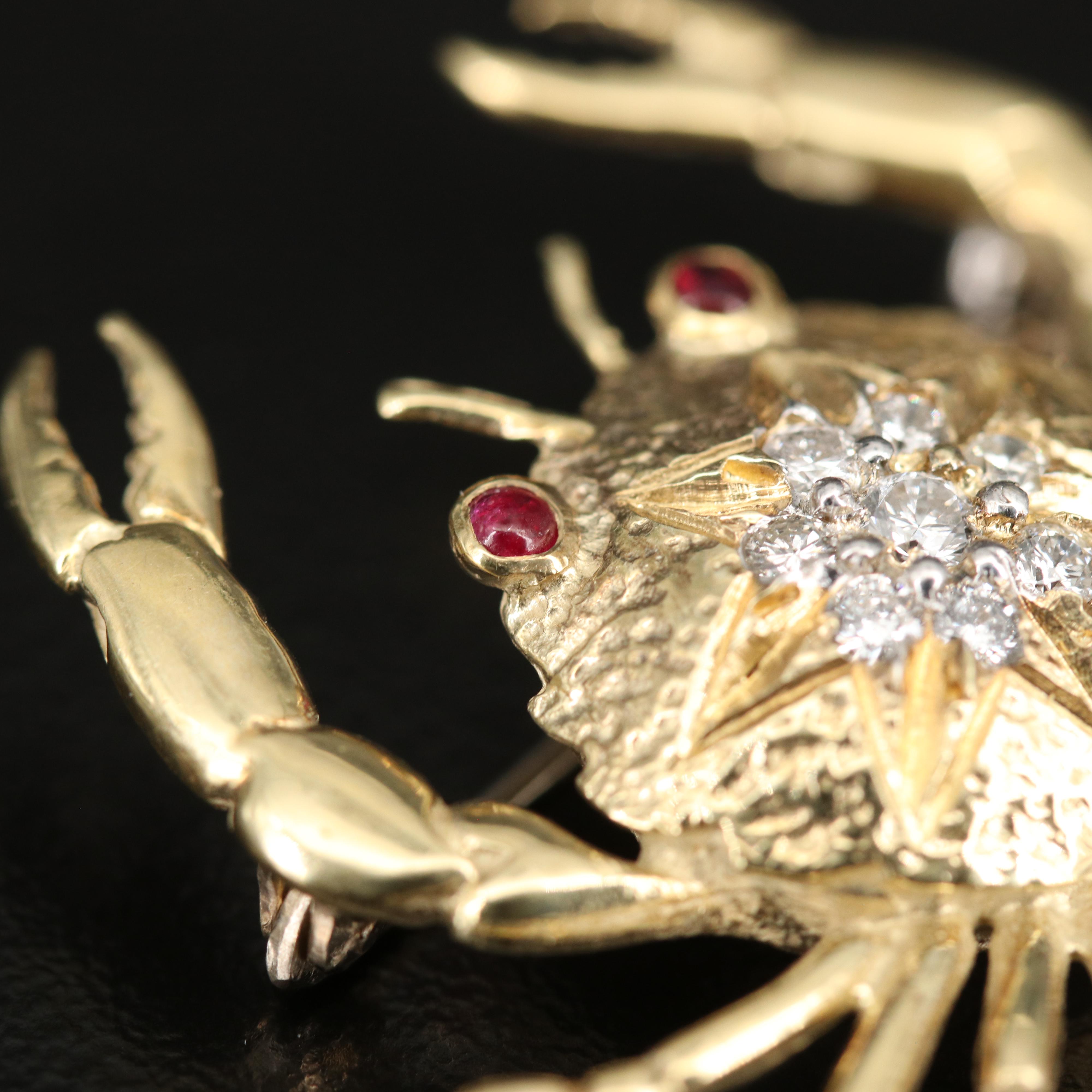 14K Diamond and Ruby Crab Brooch