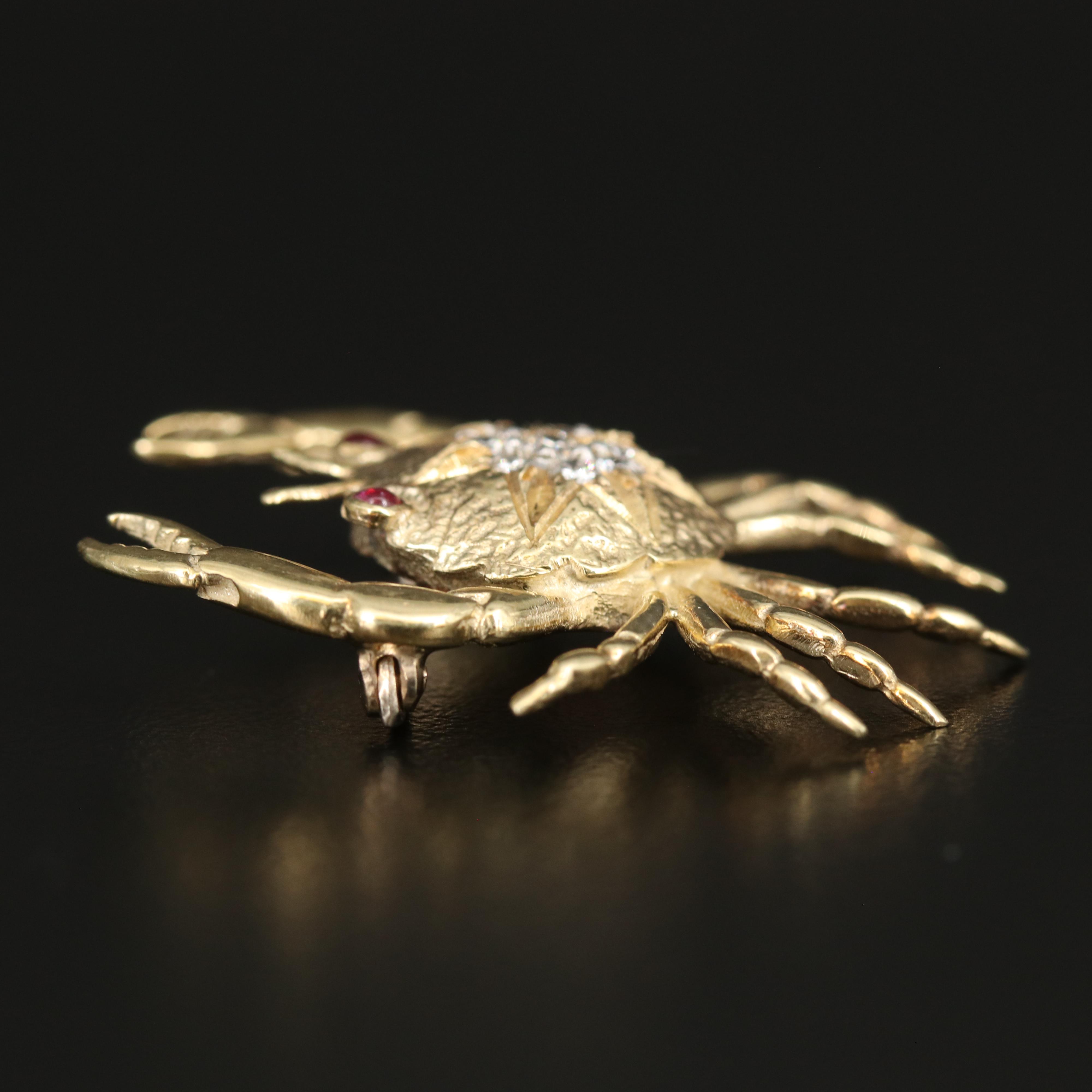 14K Diamond and Ruby Crab Brooch