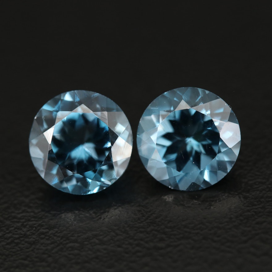 Matched Pair of Loose 7.25 CTW Swiss Blue Round Faceted Topaz