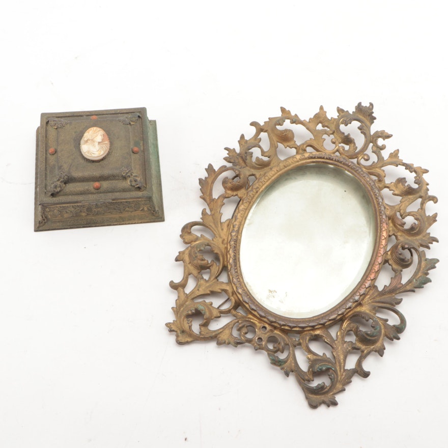 Victorian Gilt Metal Beveled Glass Mirror and Vanity Box with Shell Cameo Insert