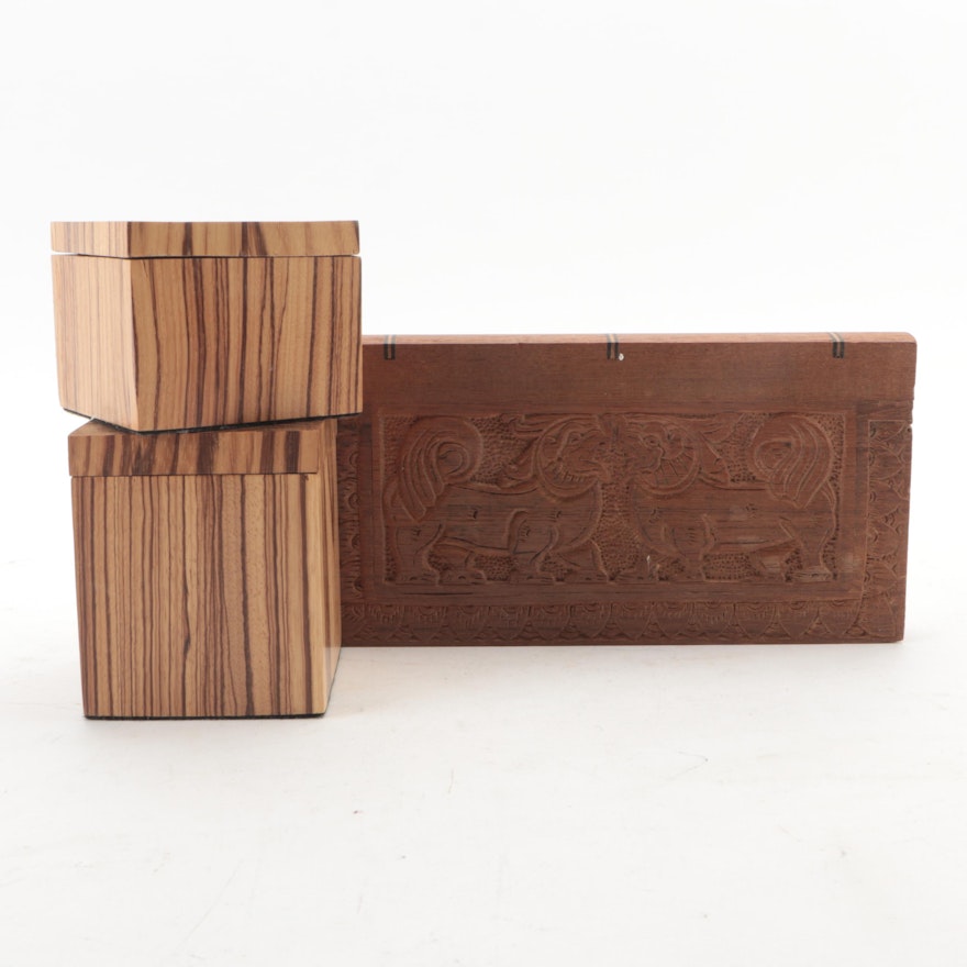 Wood Veneer Boxes and Guardian Lion Designed Wood Carved Book