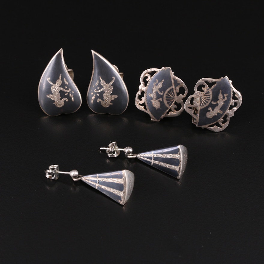 Thai Sterling Niello Button and Drop Earrings