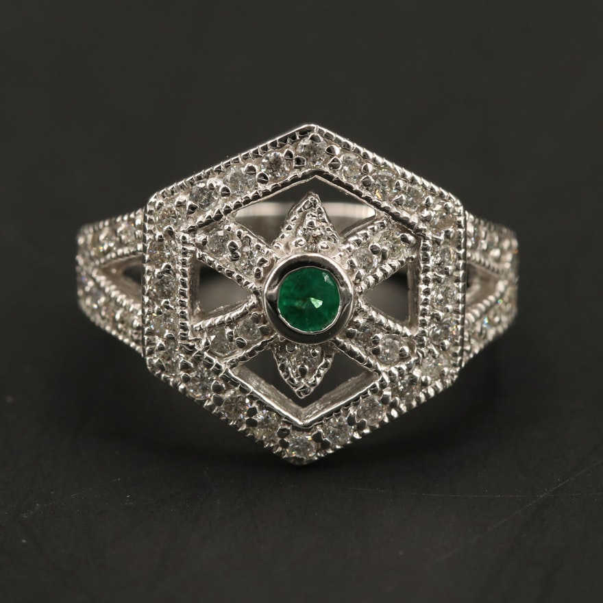 EFFY 14K WHITE GOLD DIAMOND, NATURAL EMERALD RING