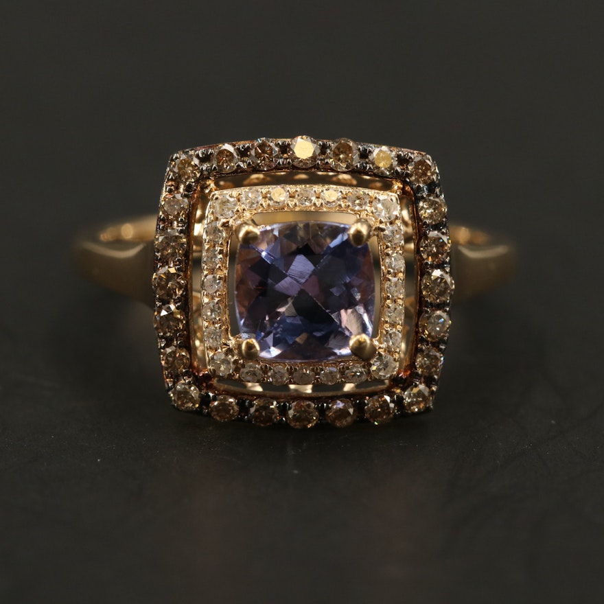 14K YELLOW GOLD DIAMOND, ESPRESSO DIAMOND, TANZANITE RING