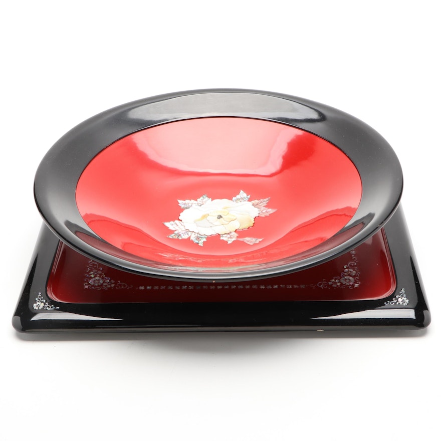 Mother-of-Pearl Inlaid Red & Black Lacquerware Tray and Bowl