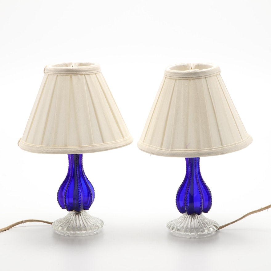 Cobalt and Clear Glass Boudoir Lamps, Early to Mid 20th Century