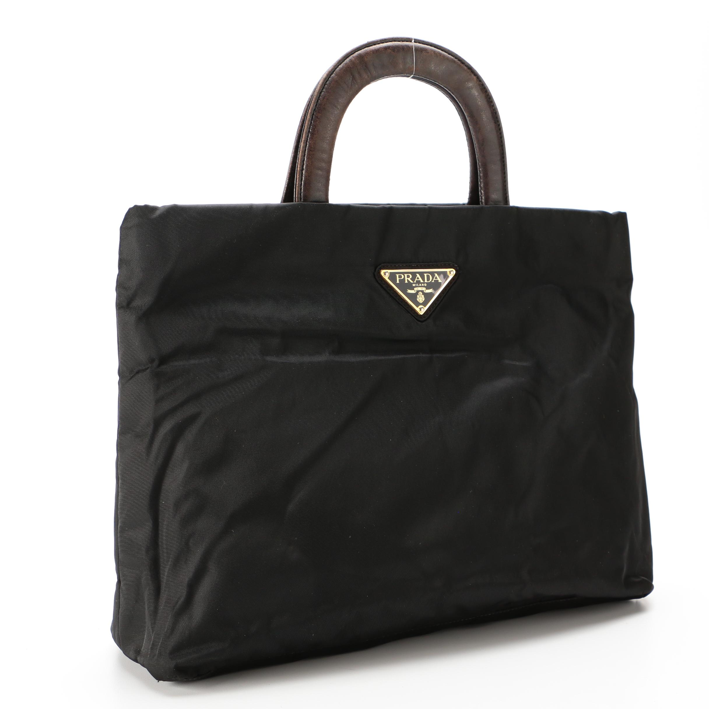 Prada Tote in Black Tessuto Nylon with Brown Leather Handles