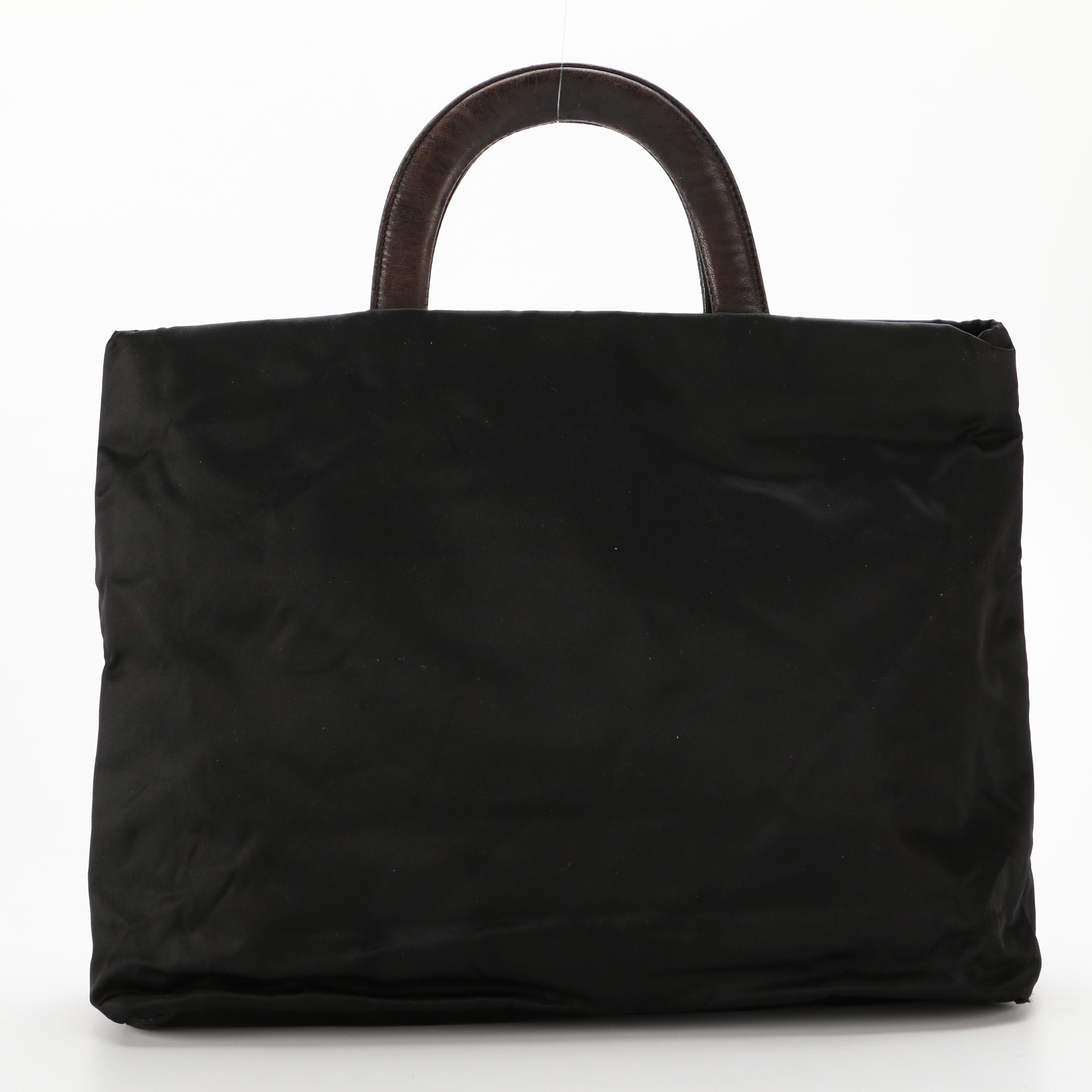 Prada Tote in Black Tessuto Nylon with Brown Leather Handles