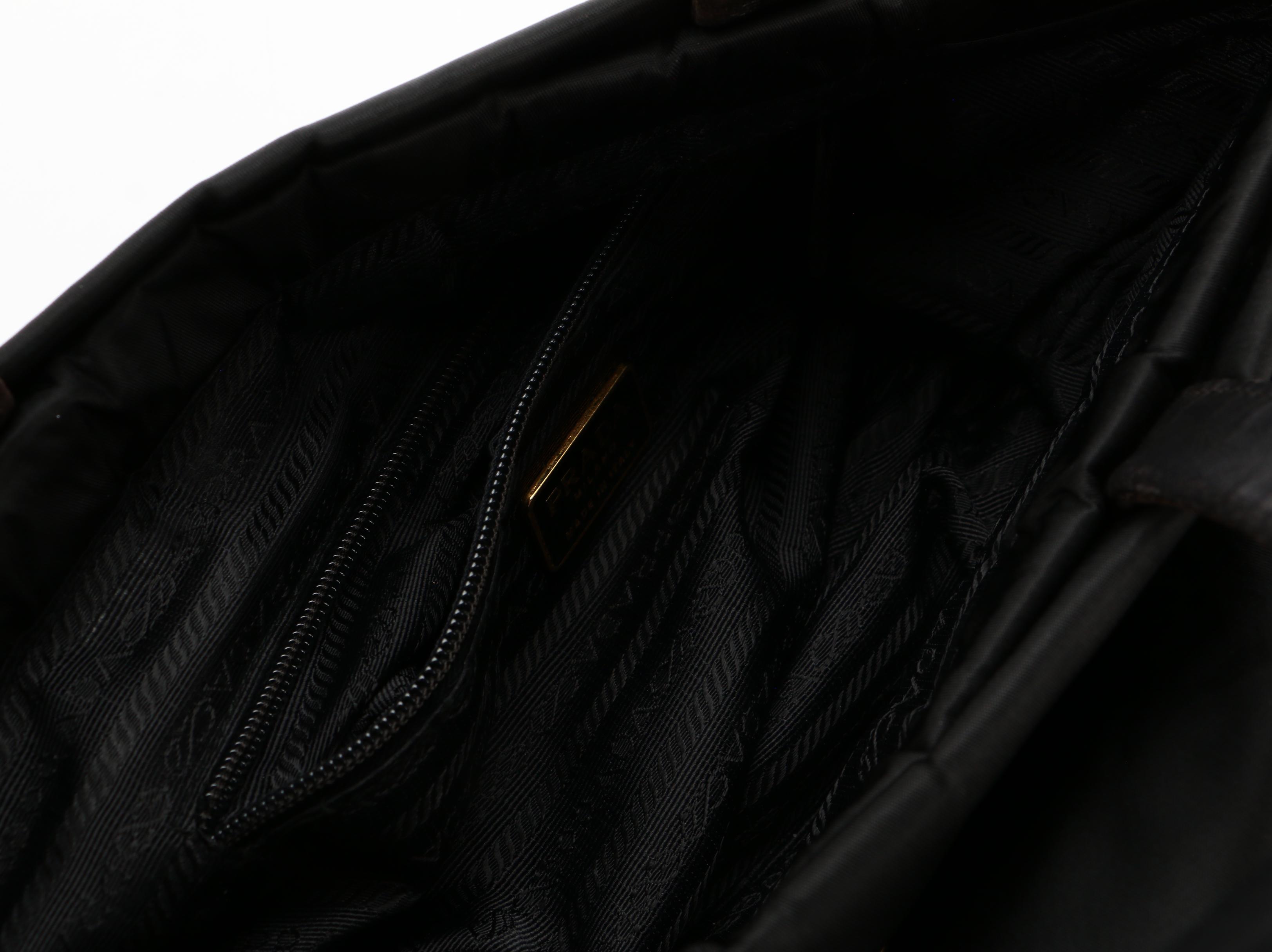 Prada Tote in Black Tessuto Nylon with Brown Leather Handles