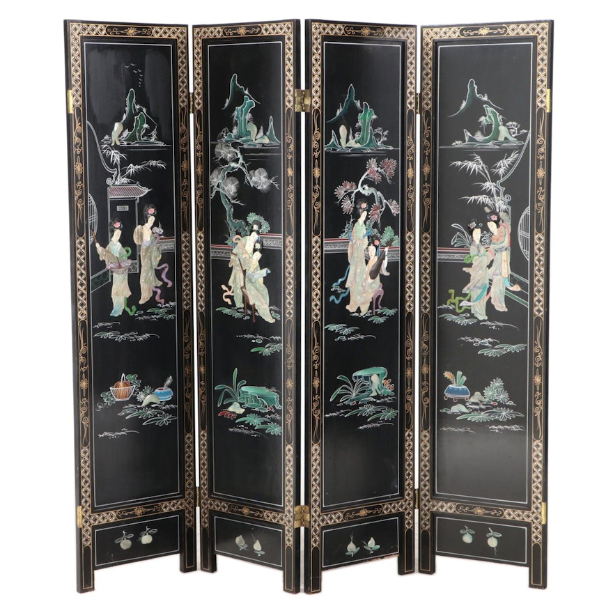 TAYEast Hand-Painted and Shell Inlaid Four-Panel Folding Screen