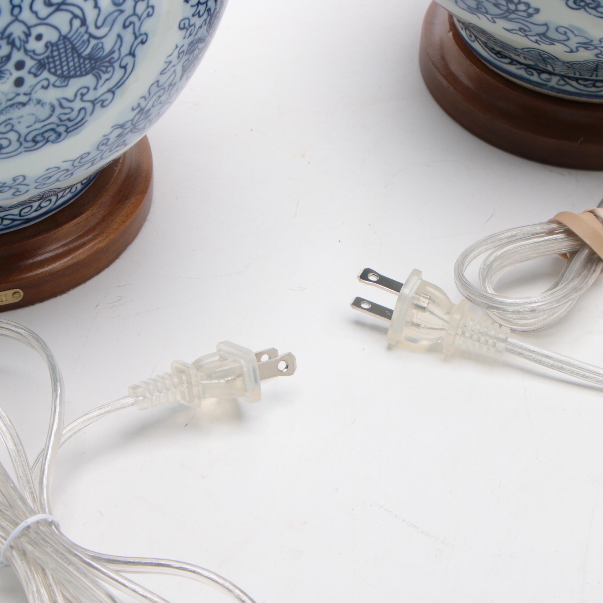 LAUREN Ralph Lauren Blue and White Porcelain Double-Gourd Table Lamps