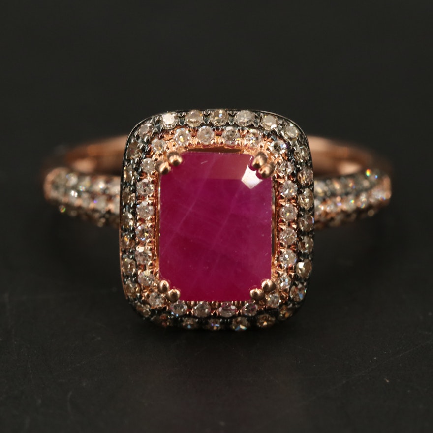 EFFY 14K ROSE GOLD DIAMOND, ESPRESSO DIAMOND, NATURAL RUBY RING