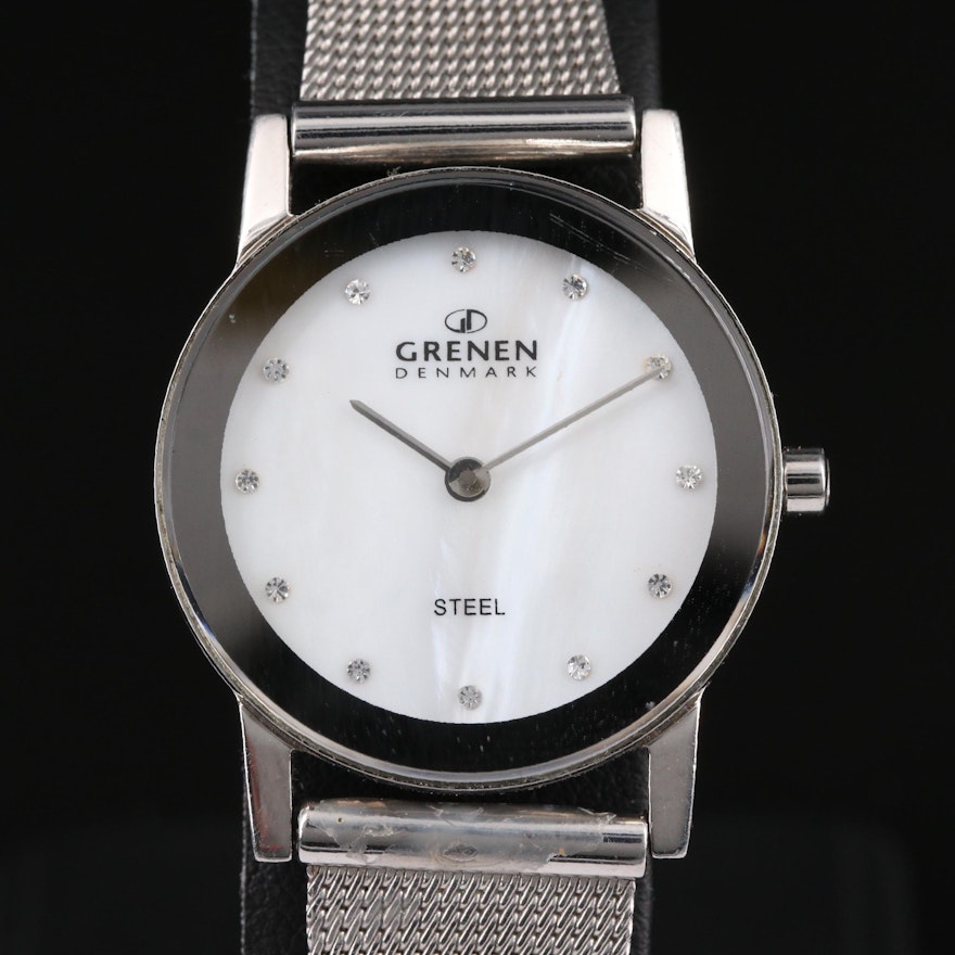 Grenen Denmark Steel Mother of Pearl and Crystal Dial Wristwatch
