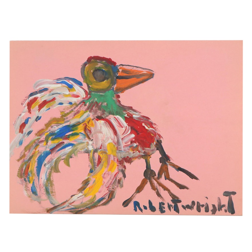 Robert Wright Folk Art Acrylic Painting of Bird, Late 20th Century