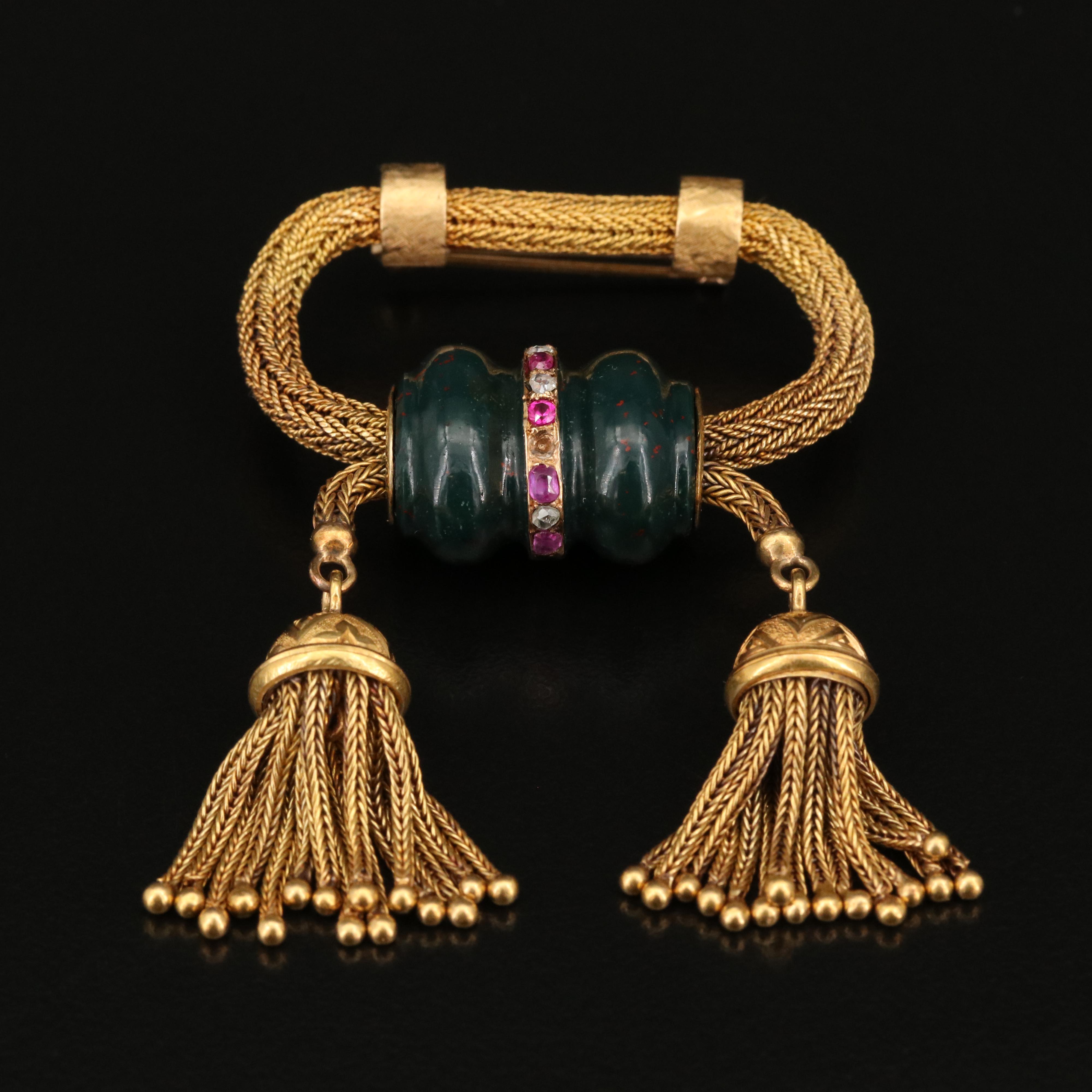 Vintage 14K Bloodstone, Ruby and Diamond Tasseled Brooch