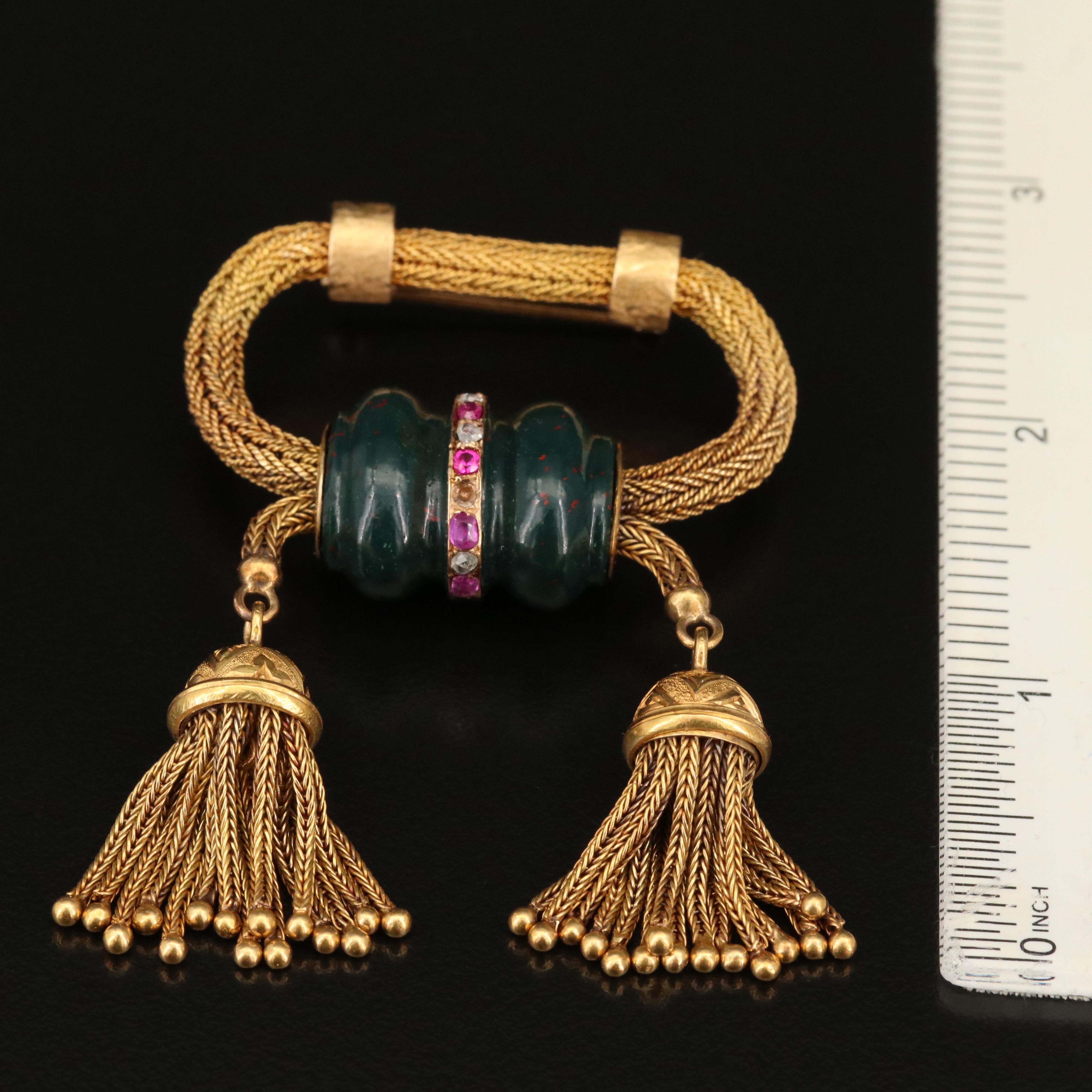 Vintage 14K Bloodstone, Ruby and Diamond Tasseled Brooch