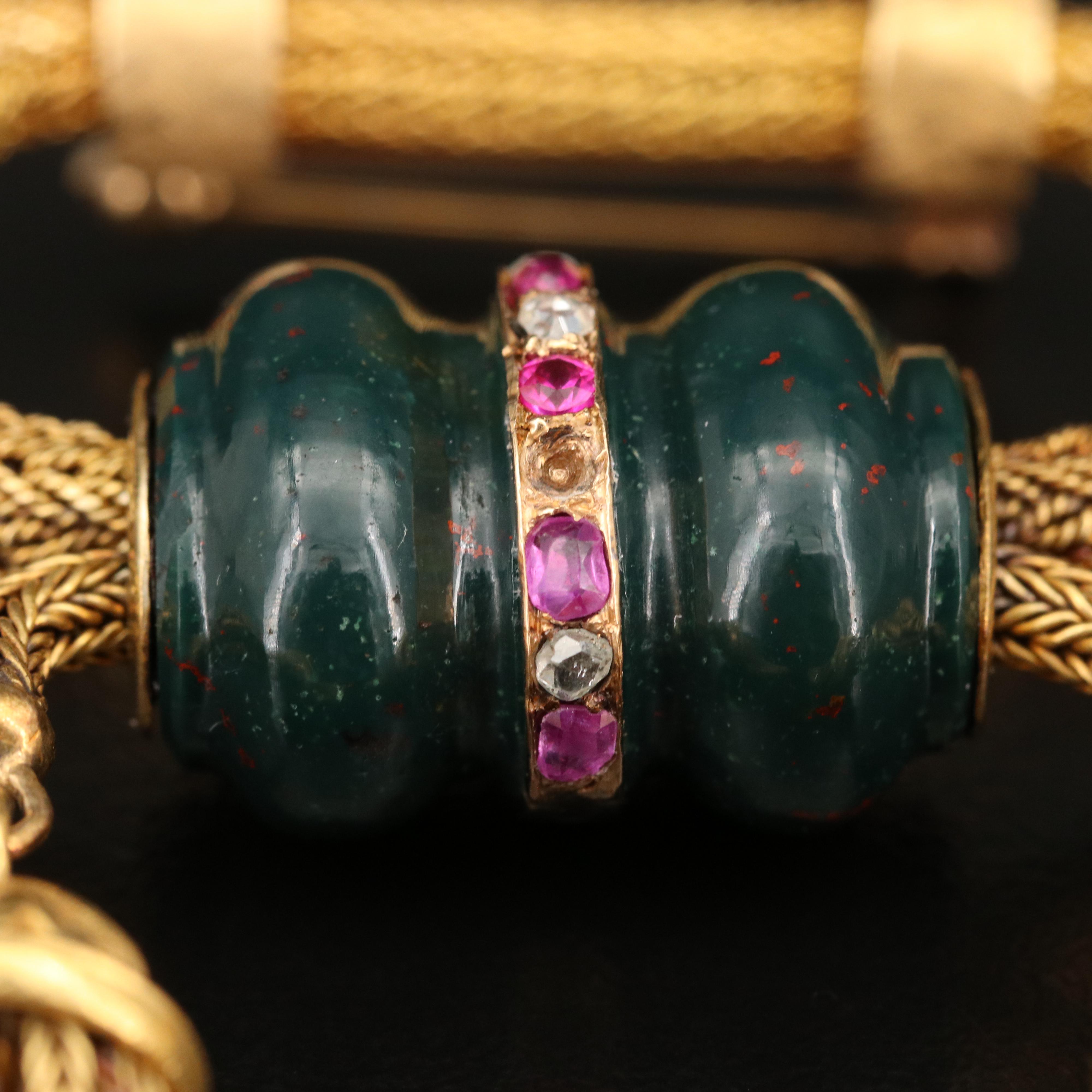 Vintage 14K Bloodstone, Ruby and Diamond Tasseled Brooch