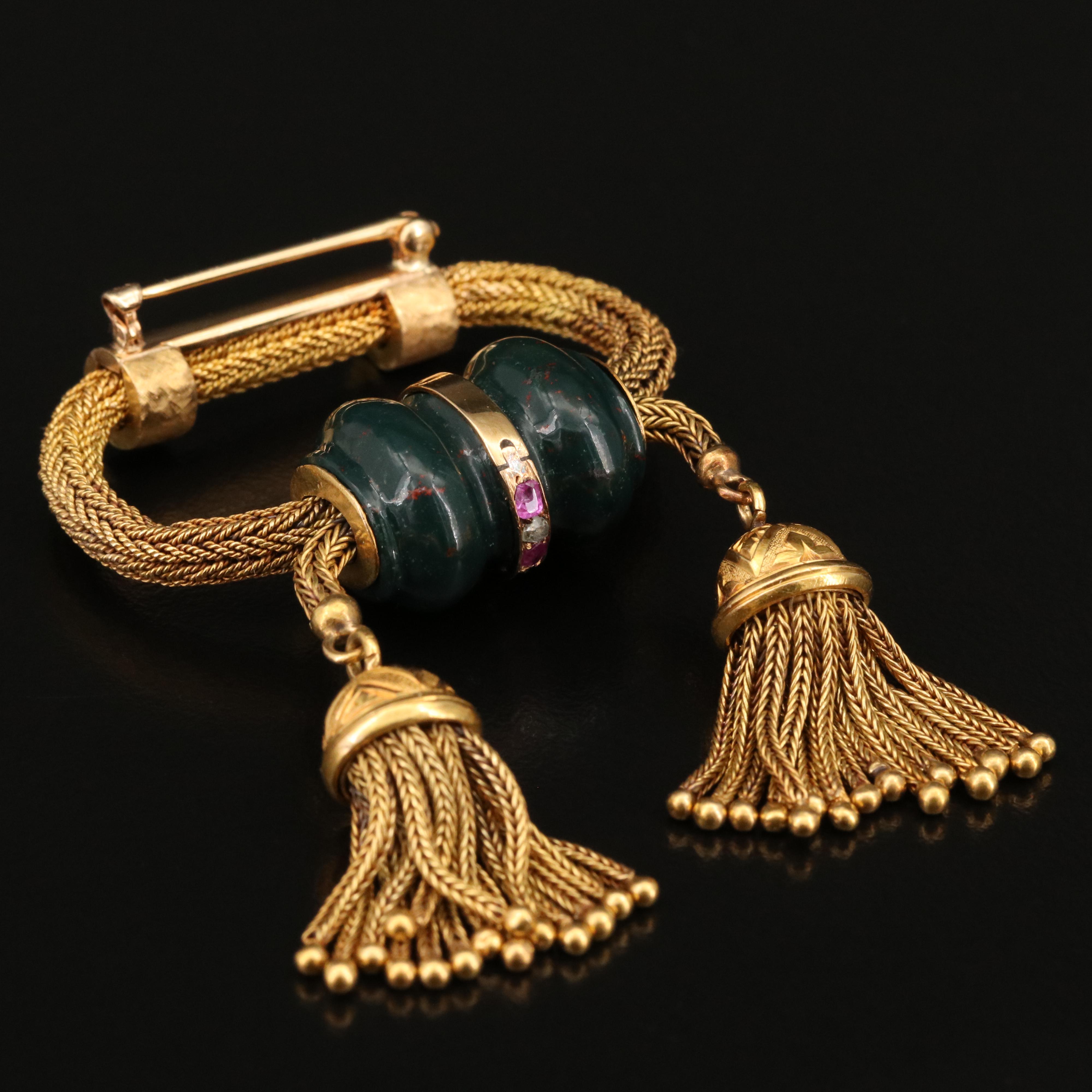 Vintage 14K Bloodstone, Ruby and Diamond Tasseled Brooch